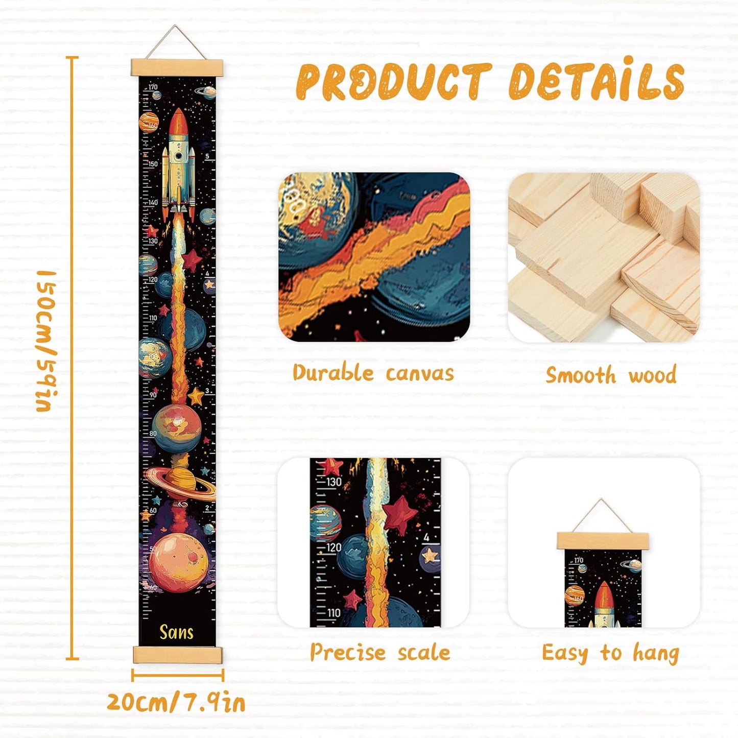 Personalized Name Growth Chart Wall Decor for Kids – Canvas Removable Height Chart Measuring Ruler 59" x 7.9" (Rocket)