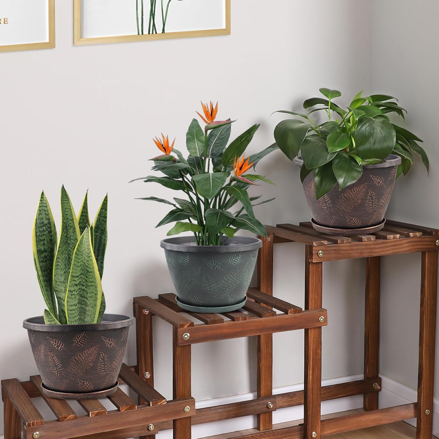 11 inch Plant Pot Set of 3, Plastic Flower Pots with Drainage Hole & Tray, Decorative Round Planters for Indoor Plants, Modern Outdoor Home Flowers Plants Garden Pots (Green)