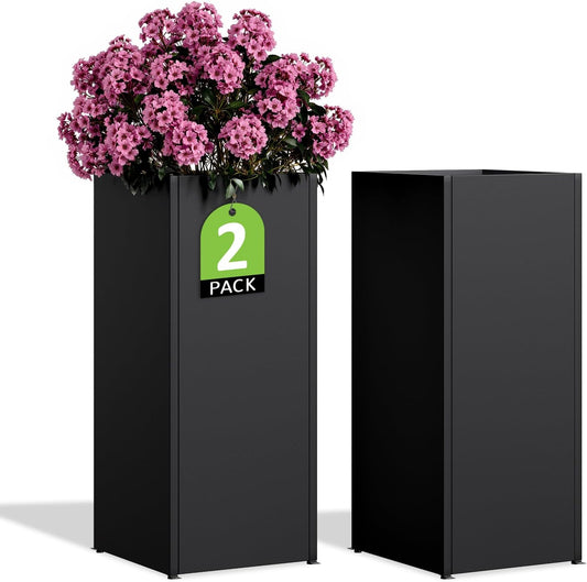 Set of 2 Planter Box Outdoor 30"H x 14.4"W x 13.6"D- Tall Planters for Outdoor Patio/Porch, All-Weather with Anti-dumping Kit, Durable Galvanized Steel, Modern Design for Plants, Flower, Garden