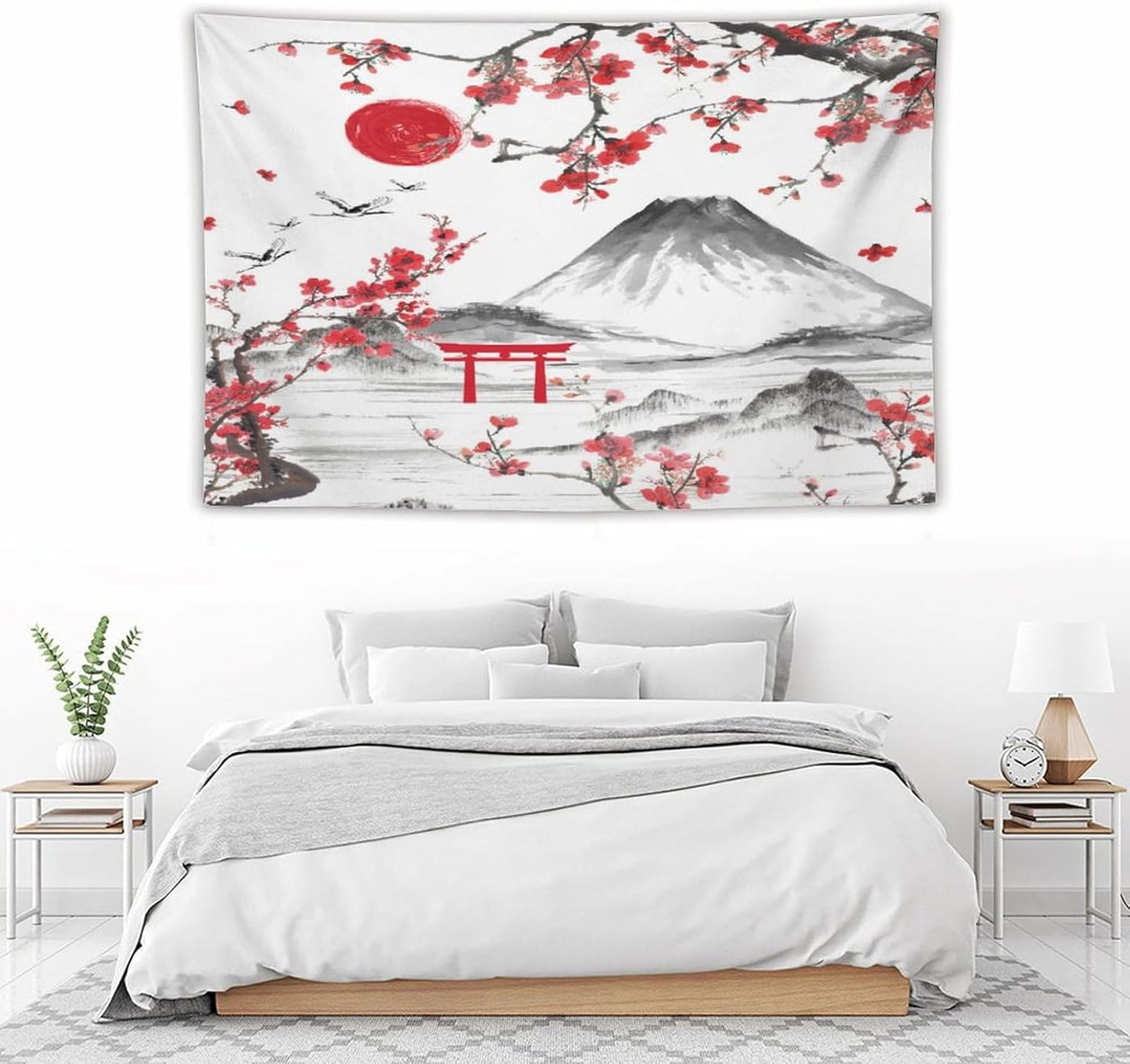 Red Cherry Blossoms Tapestry, Japanese Fuji Mountain Tapestry, Asian Japanese Wall Tapestry, Nature Landscape Tapestries for Bedroom Living Room Decor 60"x40"