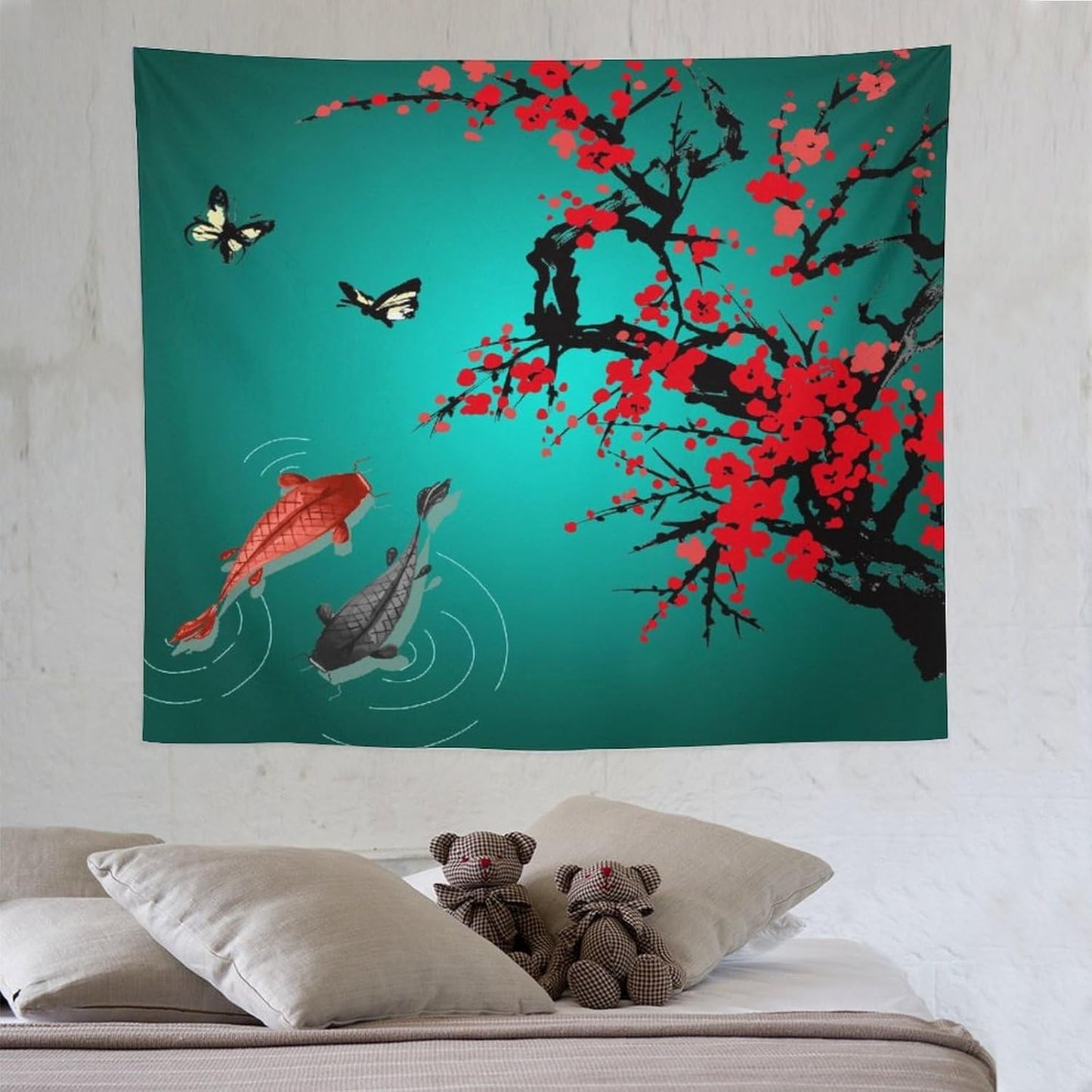 Houselerax Japanese Koi Fish Tapestry, Cherry Blossoms Asian Oriental Green Teal Floral Branch Koi Fish Carp Tapestries Wall Hanging for Bedroom Living Room Office Decor 60"x50"