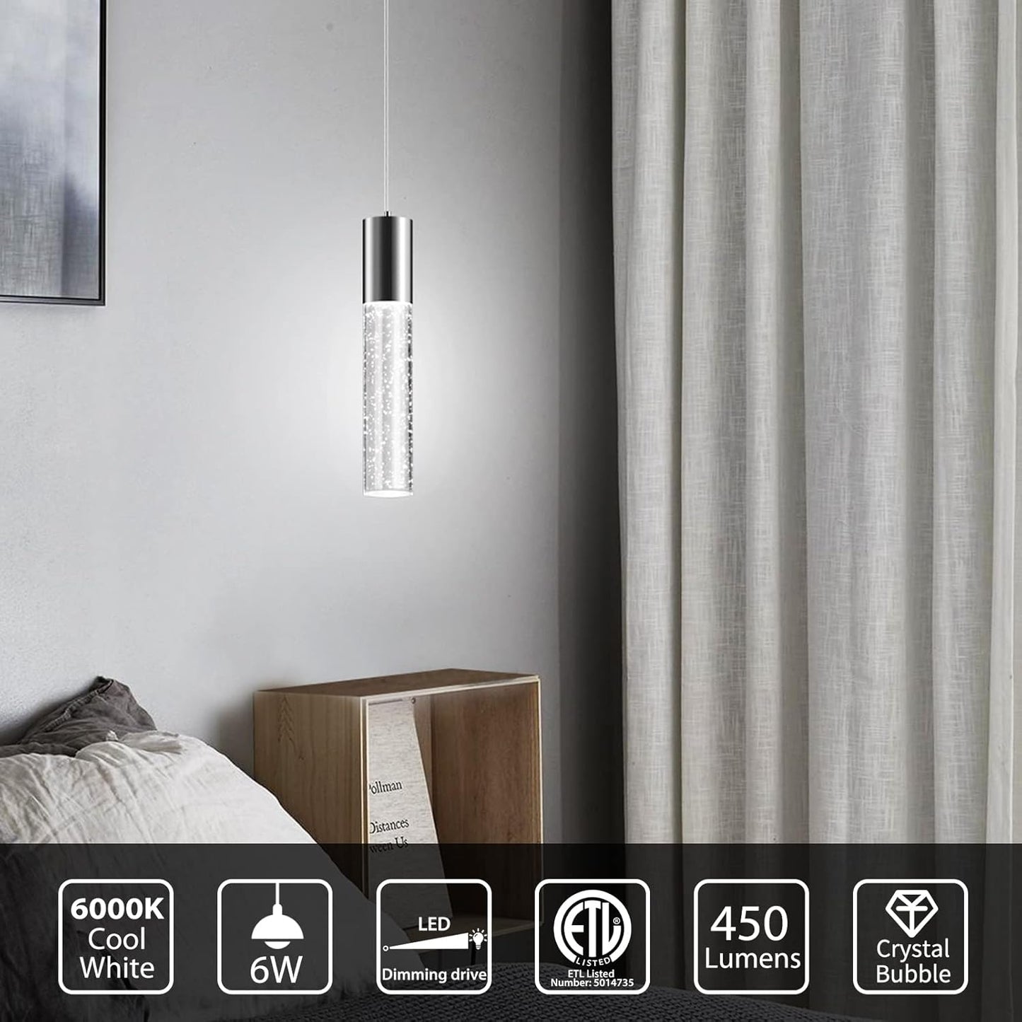 OKELI Modern Pendant Lights,LED Bubble Crystal Kitchen Island Light Fixtures,Chrome Mini Single Pendant Lighting for Kitchen Island,Bar,6W,6000K,ETL,3Pack