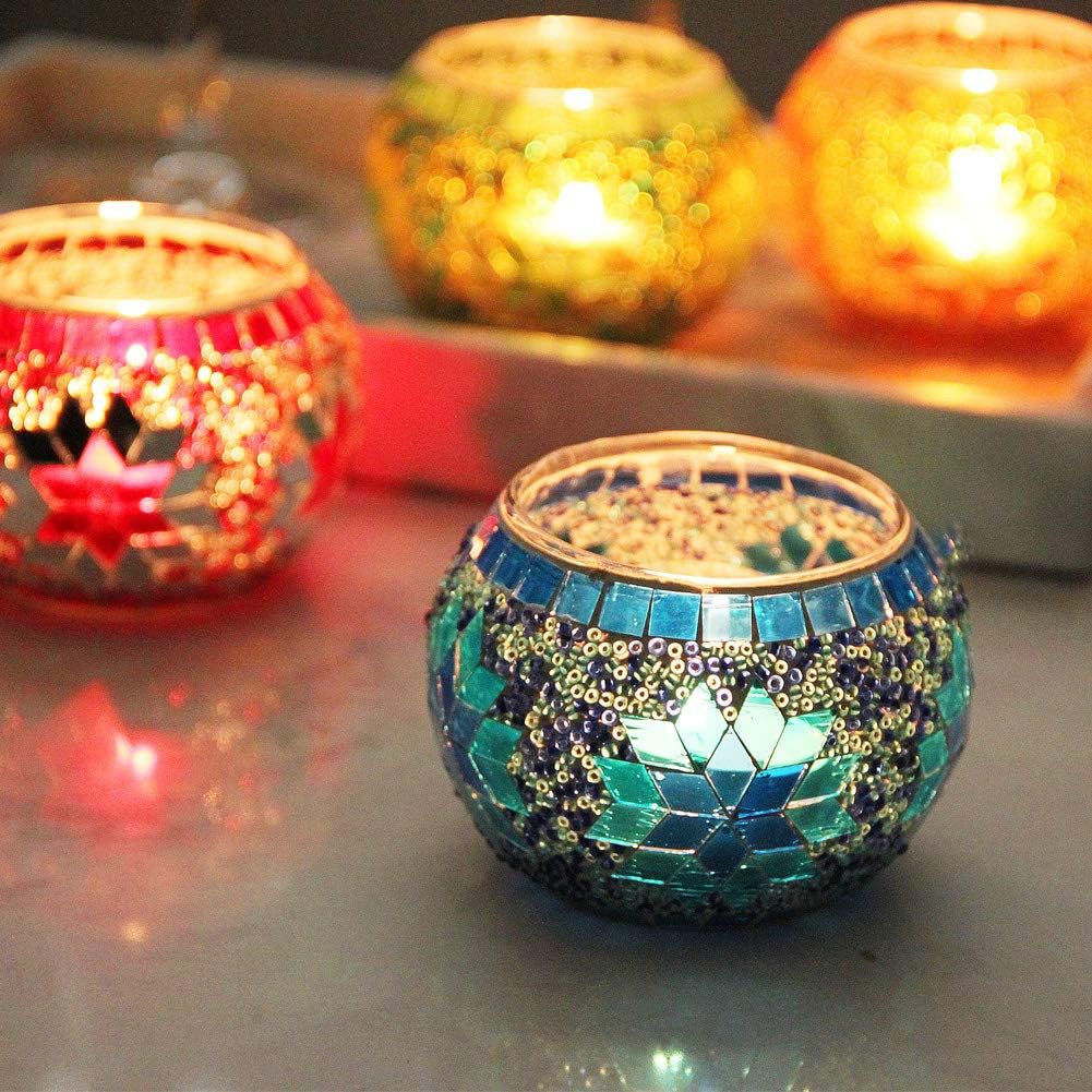 SHMILMH Votive Candle Holder Set of 4, Diwali Decoration for Home, Handmade Mosaic Glass Tealight Candle Holders for Table Centerpiece Decor,Diwali Thanksgiving