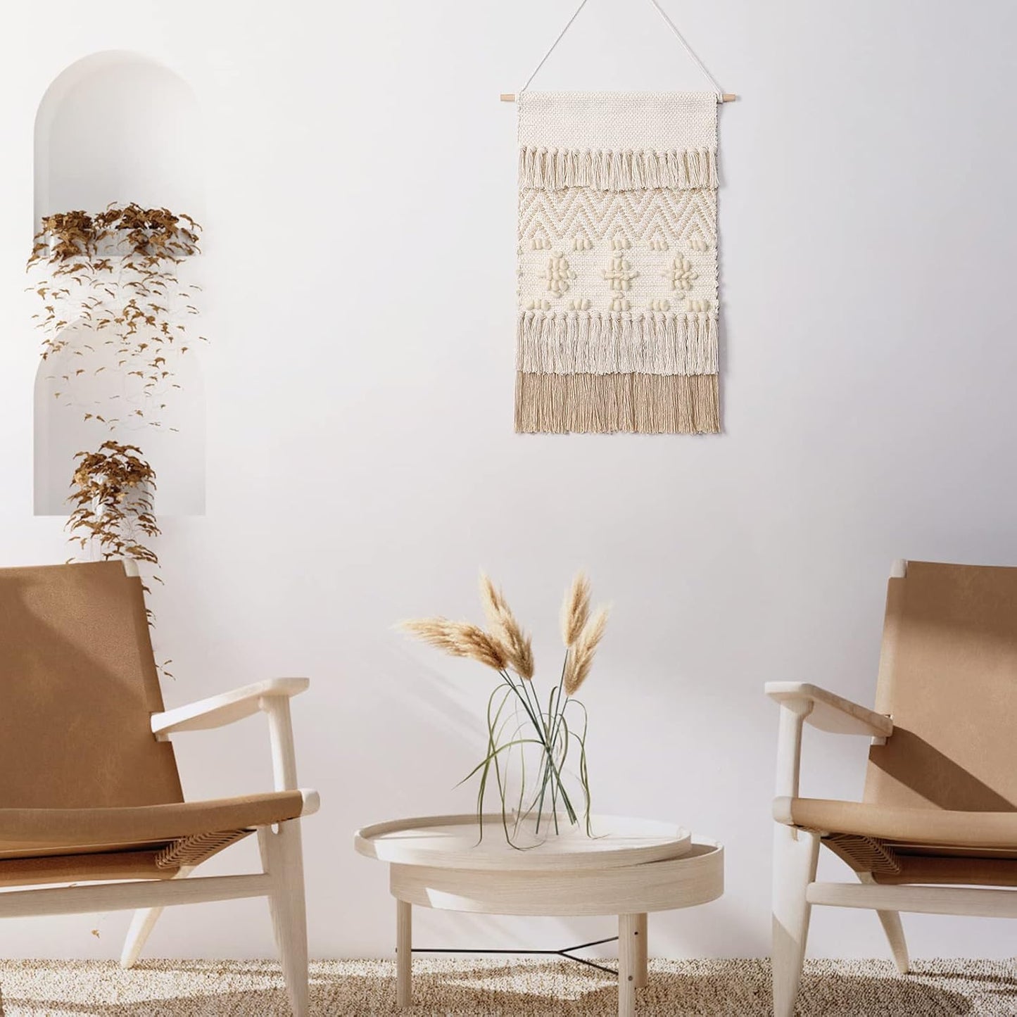 Dremisland Macrame Woven Wall Hanging Home Decor Bohemian Beige Geometric Wave Art Decor with Wool Ball and Tassle-Elegant Apartment Bedroom Dorm Room Door Decoration, 15.7" W x 22" L (Beige Wool Ball)