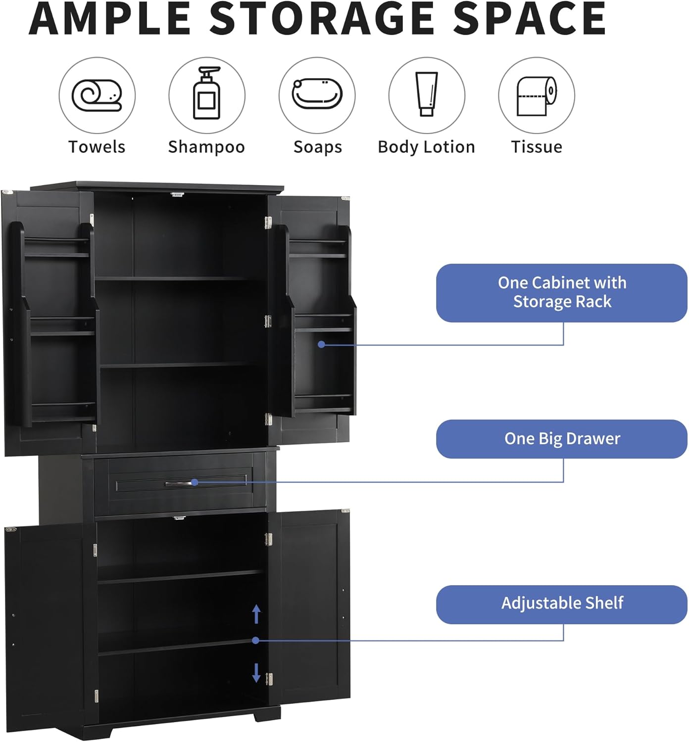 72.2" Tall Storage Cabinet with 4 Doors and Drawer, Freestanding Linen Cabinet, Wooden Pantry with Adjustable Shelf for Kitchen, Bathroom, Living Room Black