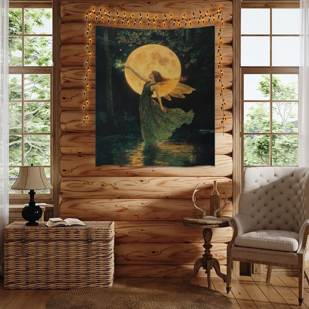 Whimsical Fairy Tapestry Fantasy Moonlight Fae Goddess Print Moody Gothic Aesthetic Wall Hanging Magical Forest Pictures Dark Cottage Witchy Tapestries for Girls Room Bedroom 50x60inch