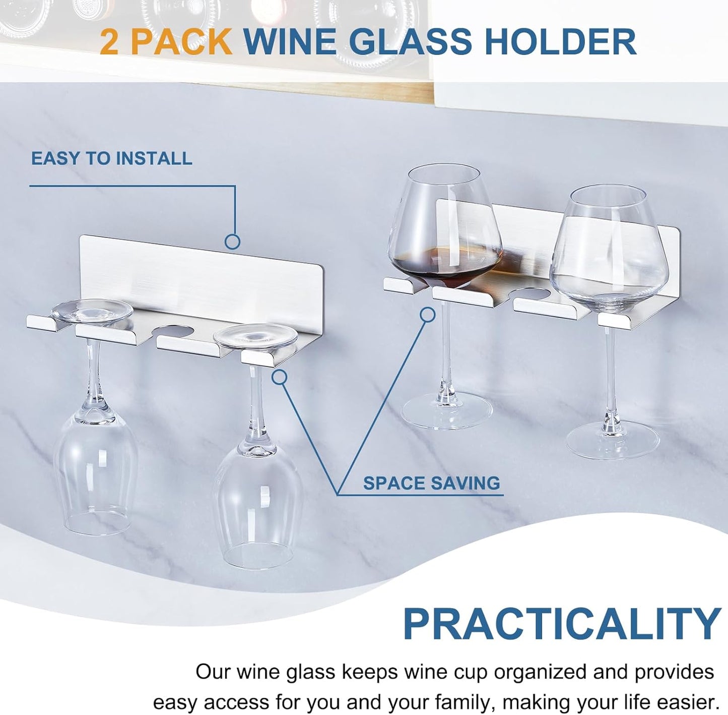 Wine Glass Holder Wine Glass Drying Rack Stainless Steel Hanging Stemware Rack Wall Mounted Adhesive Hanging Wine Glass Organizer Stemware Holder for Bar Restaurant Kitchen 2 Pack