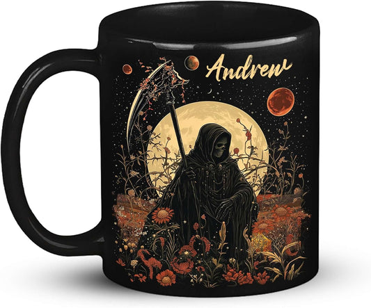 Custom Name Coffee Mug, Halloween Inspired Ceramic Cup 11oz 15oz, Personalized Spooky Reaper Coffee Cup, Halloween Character White Mug with Moon and Floral, Gifts for Men, Women