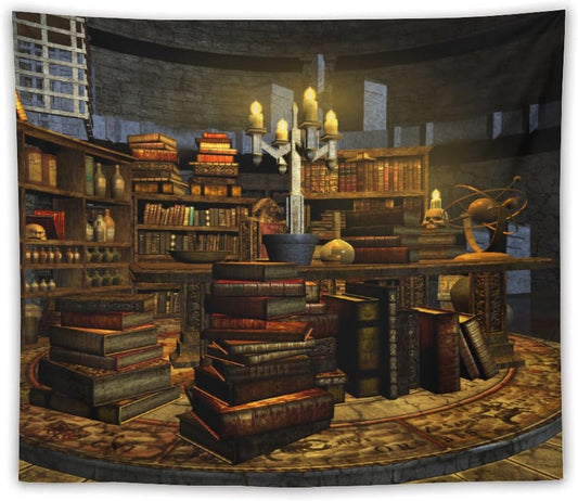 Kurtect Library Tapestry,Vintage Medieval Bookshelf Wooden Bookcase Antique Magic Art Tapestries for Party Beach Picnic Blankets Tablecloths Living Room Wall Deocr, 50x60 in