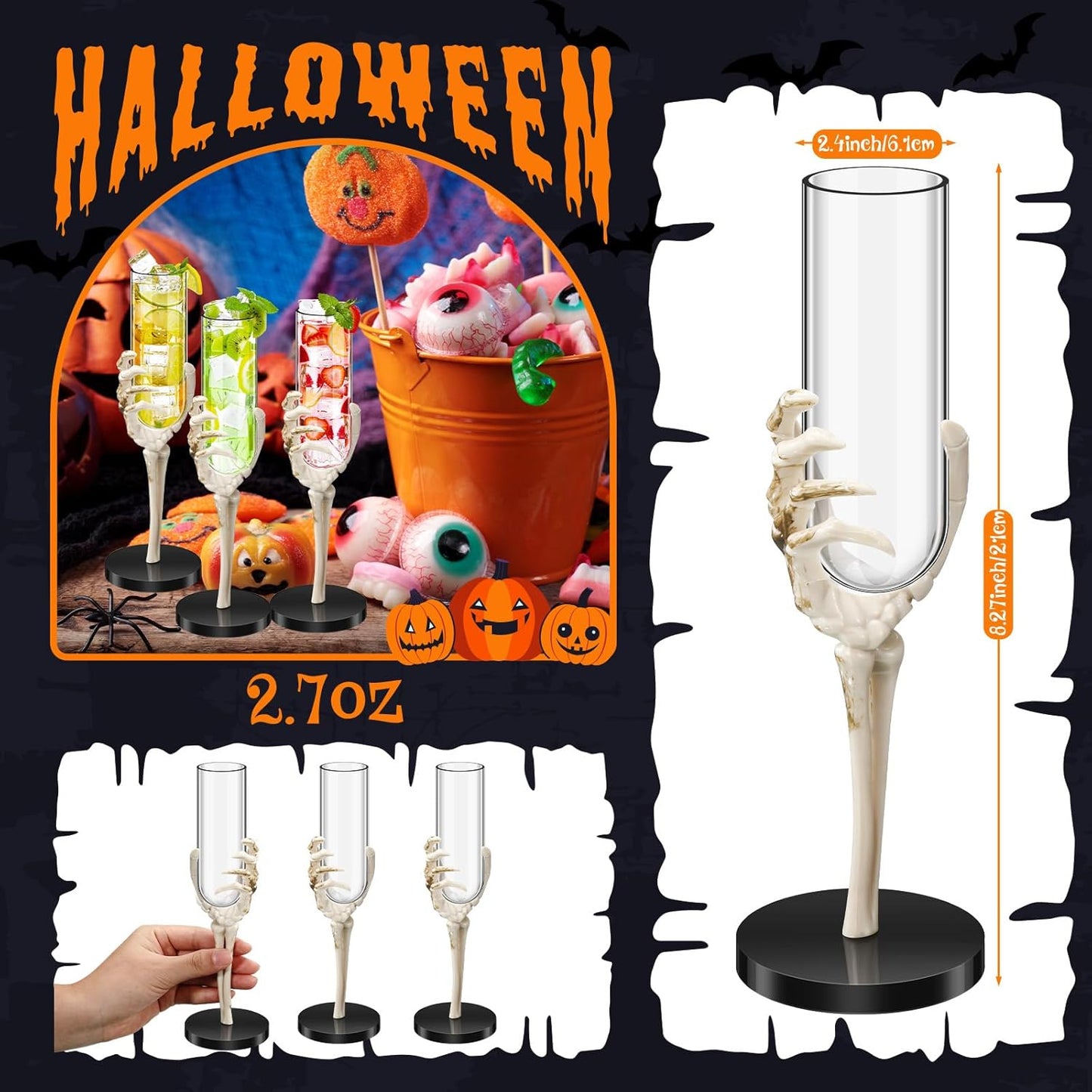 Yinkin 6 Pcs Halloween Skeleton Hand Wine Glass 2.7 oz Halloween Goblets with Skeleton Hand Plastic Champagne Flutes Spooky Creepy Cups for Haunted House Party Decorations