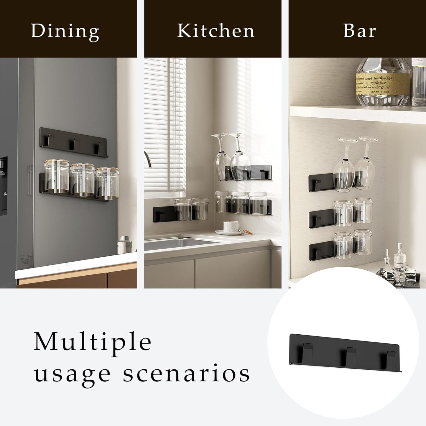 Cup Holder, 4 Pack Wine Glass Holder，No Drilling Installation Wine Glass Holder Wall Mounted for Dining Room, Kitchen and Bar Daily Use (Classic Black)