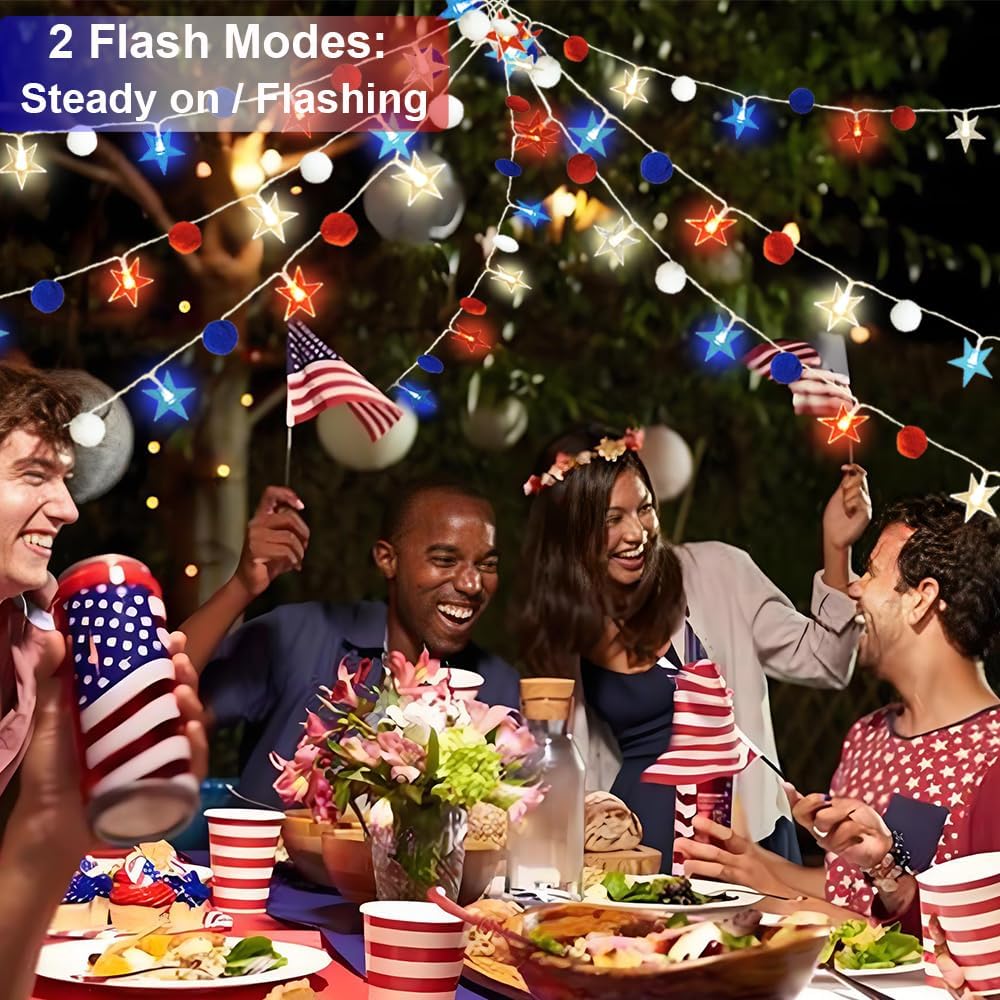 4th of July Decorations 9.85FT Red White and Blue Star String Lights Pom Pom Star Lights Battery Operated with Timer Fairy Lights for Independence Day Memorial Patriotic Fourth of July Decor for Home