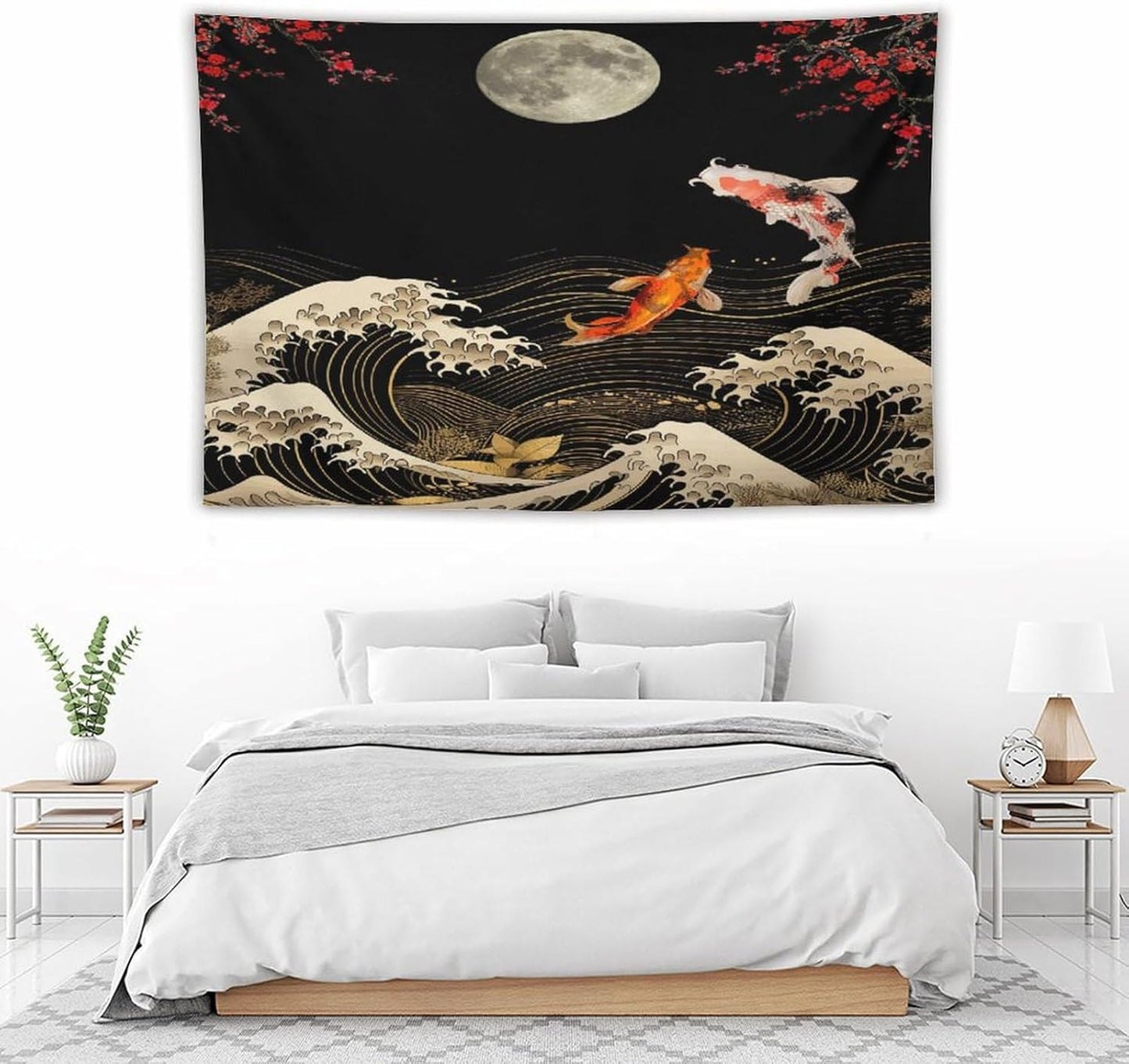 Houselerax Koi Fish Tapestry, Japanese Style Yin Yang Big Wave Cherry Blossom Tapestries Wall Hanging for Bedroom Living Room Office Decor 60"x40"