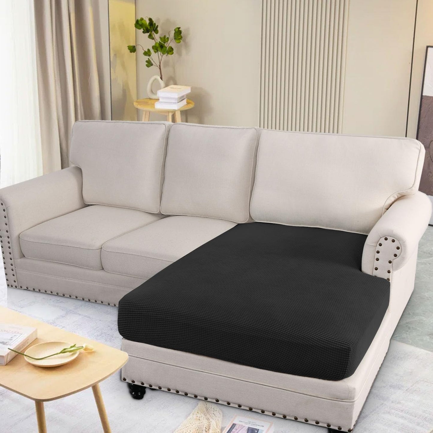 H.VERSAILTEX Super Stretch Individual Chaise Cover Sectional Couch Covers for L Shaped Sofa Both Left/Right Featuring Thick Jacquard Textured Twill Fabric (1 Piece Chaise Cover, Black)