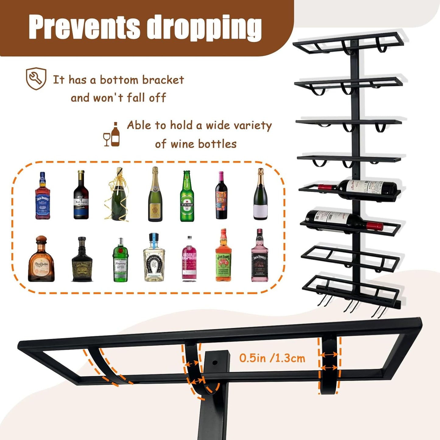 10 Bottle Wall Mount Wine Rack with Wine Glass Holder, Metal Wine Wall Rack, Wall Racks for Wine Bottles Display and Storage, Hanging Bottle Organizer for Living Dining Room Wine Cellar Bar (Black)