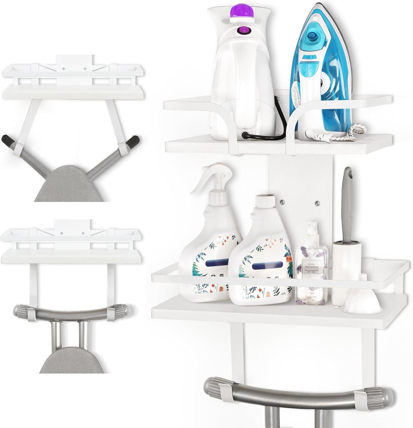 VINAEMO Ironing Board Hanger Wall Mount, 2-Layer Iron and Ironing Board Holder, Laundry Room Shelves Solid Wood with Removable Hooks Home Organization and Storage (White)