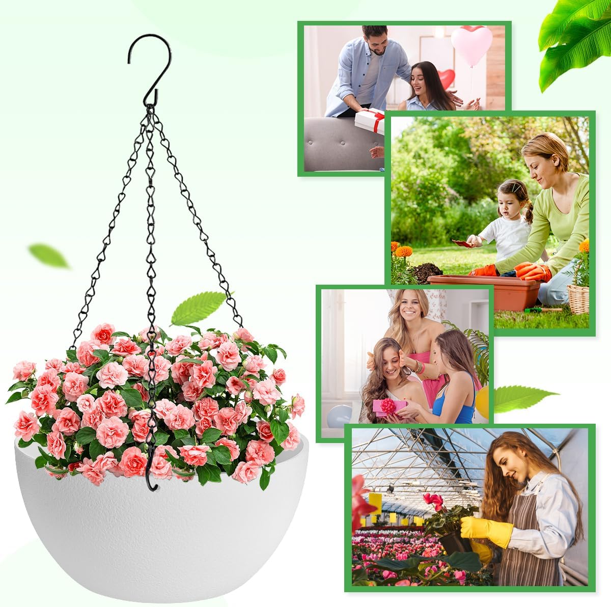 13 inch Hanging Planters for Indoor Plants, 2 Pack Planters for Outdoor Plants with Drainage Holes and Chain, Round Plastic Hanging Baskets, Hanging Flower Pots for Balcony Garden Decor-White