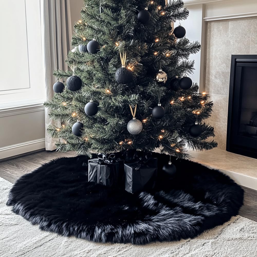 AISENO 48 Inch Christmas Tree Skirt - Black Faux Fur Plush Holiday Decor for Xmas Tree, Festive Party, Home Decorations