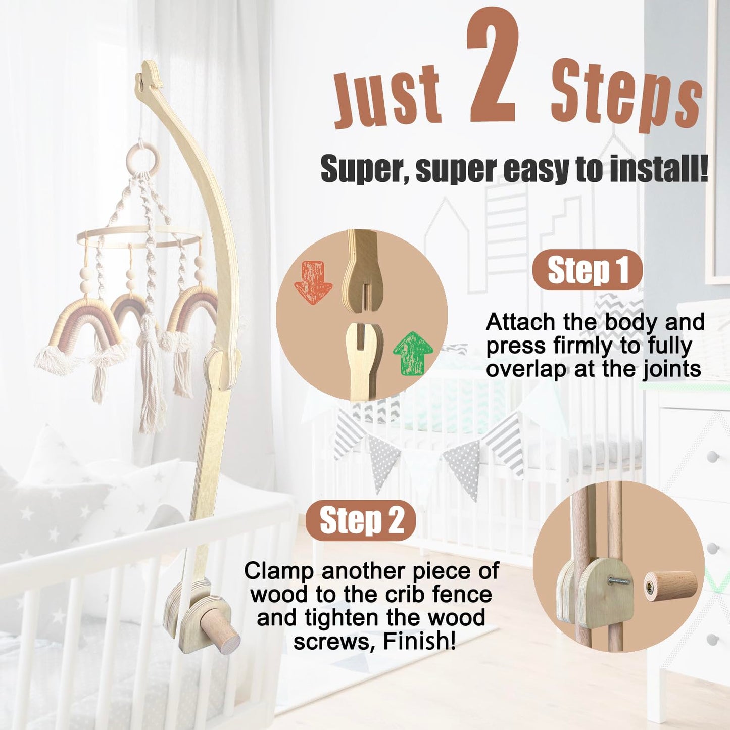 Crib Mobile Wooden Arm, Suitable for All Cribs 100% Natural Larch Hanger Nusery Decor Baby Room Safe Holder(Mobile is not Included (Bird Original Color)