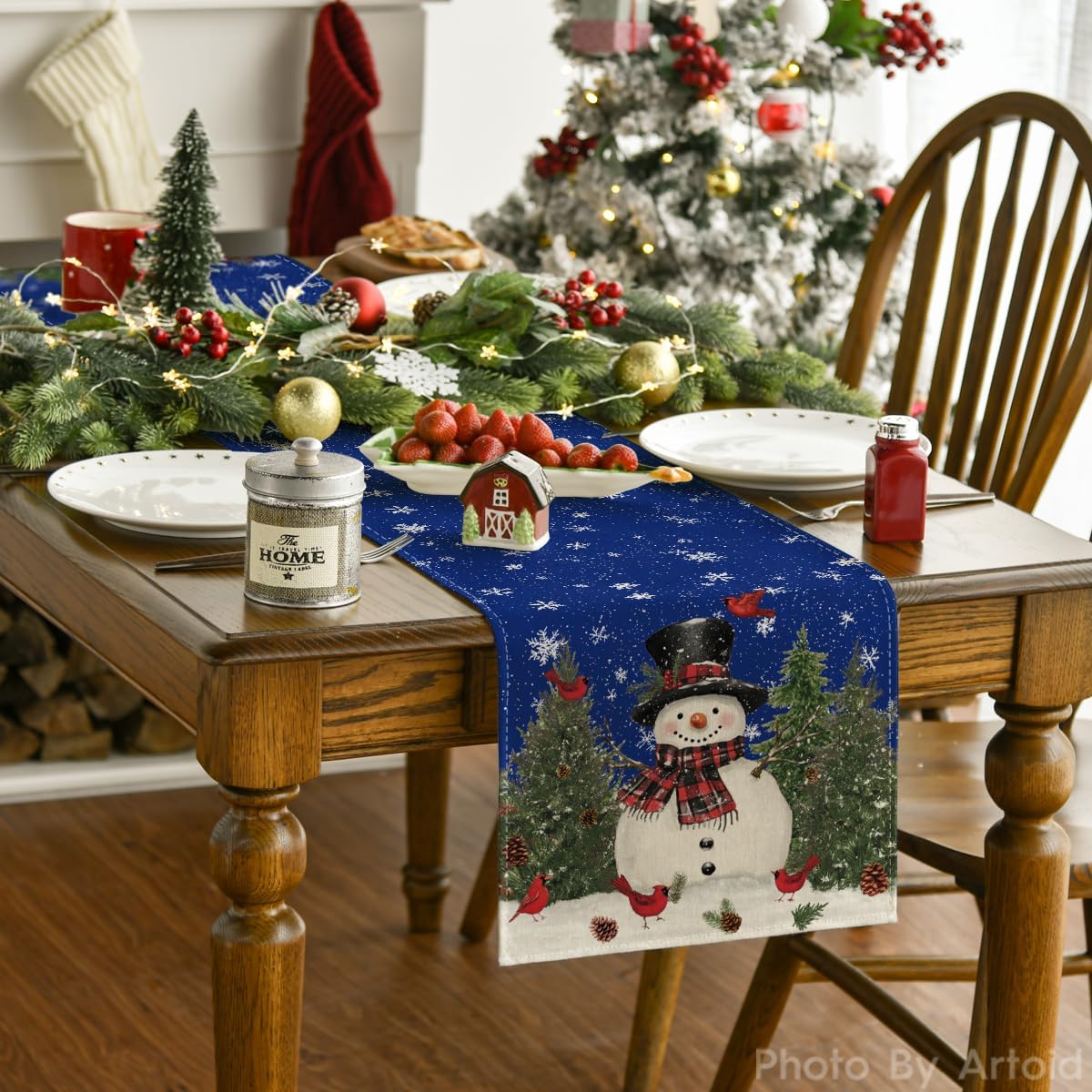 Artoid Mode Snowman Birds Trees Christmas Table Runner, Seasonal Blue Winter Holiday Kitchen Dining Table Decoration for Indoor Outdoor Home Party Decor 13 x 90 Inch