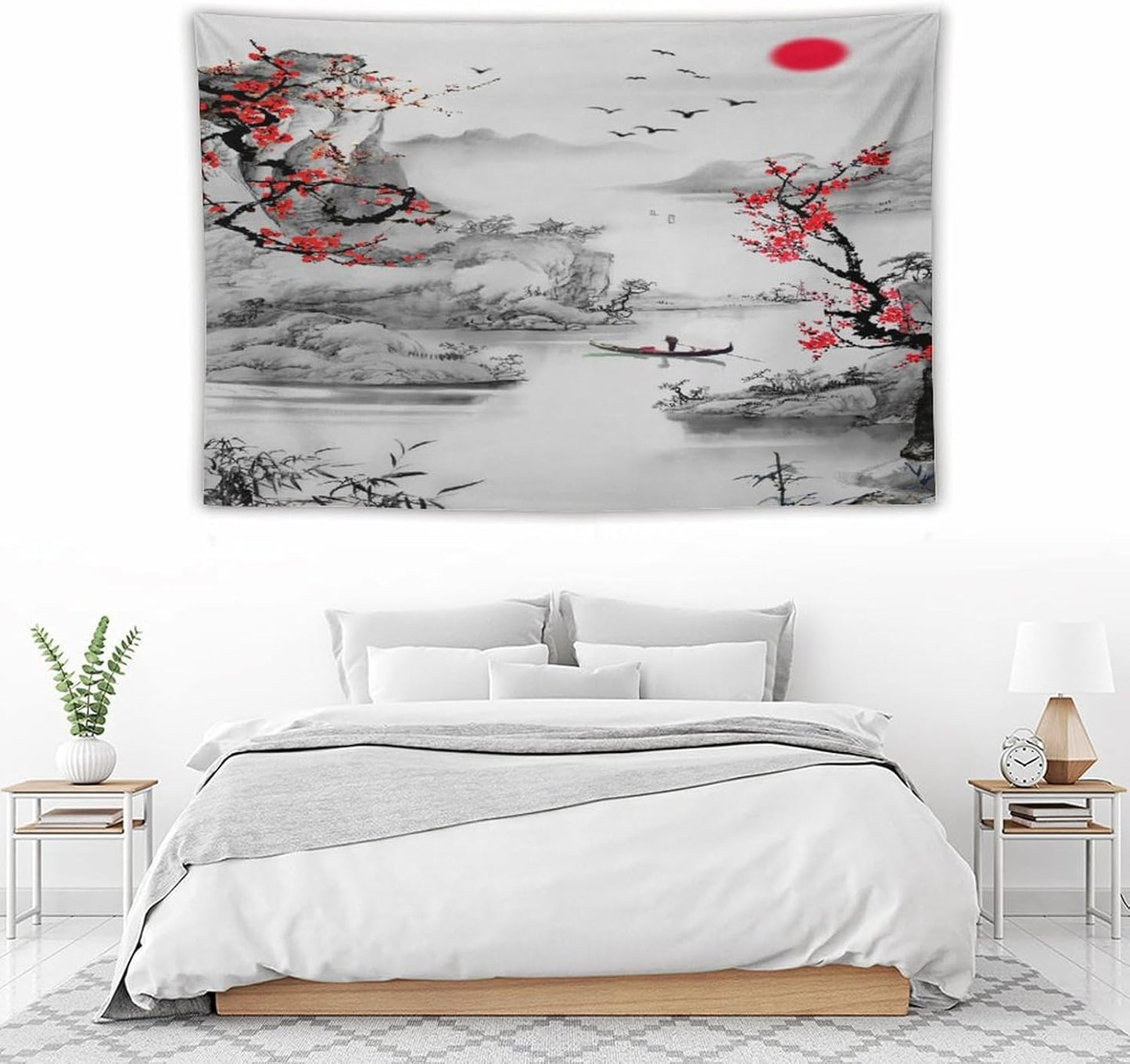 Cherry Blossoms Tapestry, Japanese Red Landscape Watercolor Abstract Art, Asian Japanese Wall Tapestry, Nature Landscape Tapestries for Bedroom Living Room Decor 60"x40"