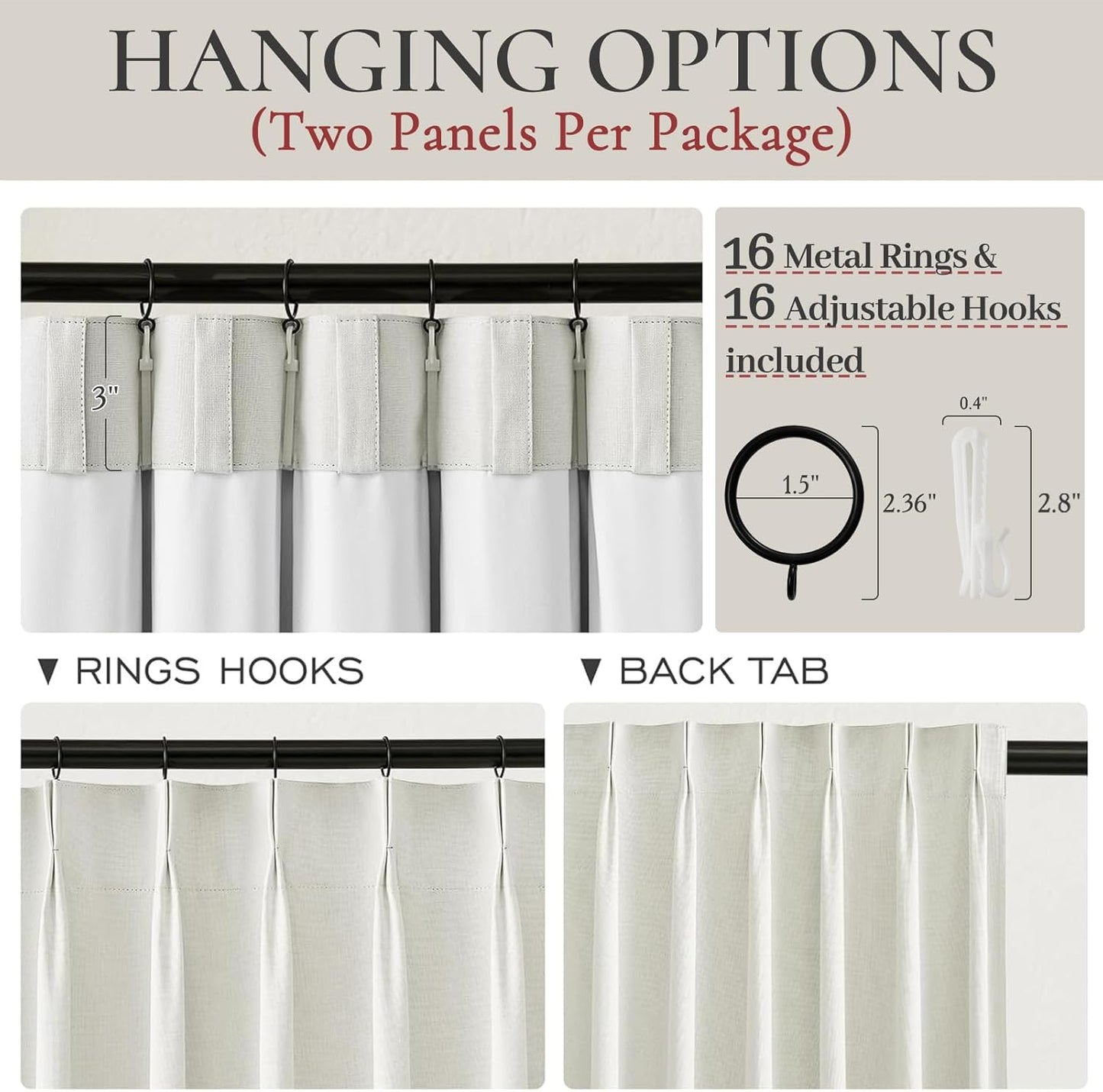 Tall Curtains for Living Room 108 Inches Long, Linen Pinch Pleated 100% Blackout Viral Window Curtains with Hooks for Bedroom Thermal Pleated Drapes for Nursery Beige White(40" Wx108 Lx2 Panels)