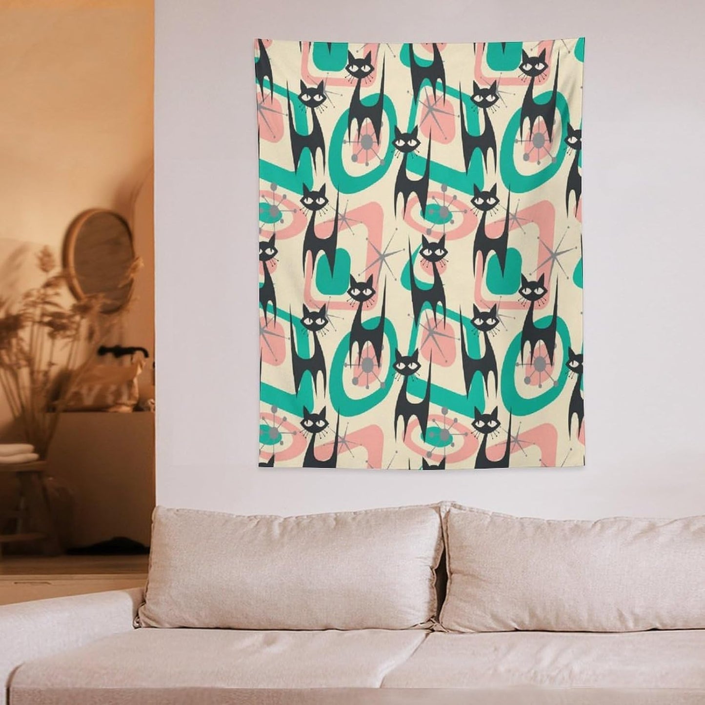 ICMOLYYENLO Boho Medieval Cat Tapestry, Abstract Atomic Starburst Geometric Aesthetic Art Wall Hanging For Bedroom Living Room Dormitory 60x80 Inches