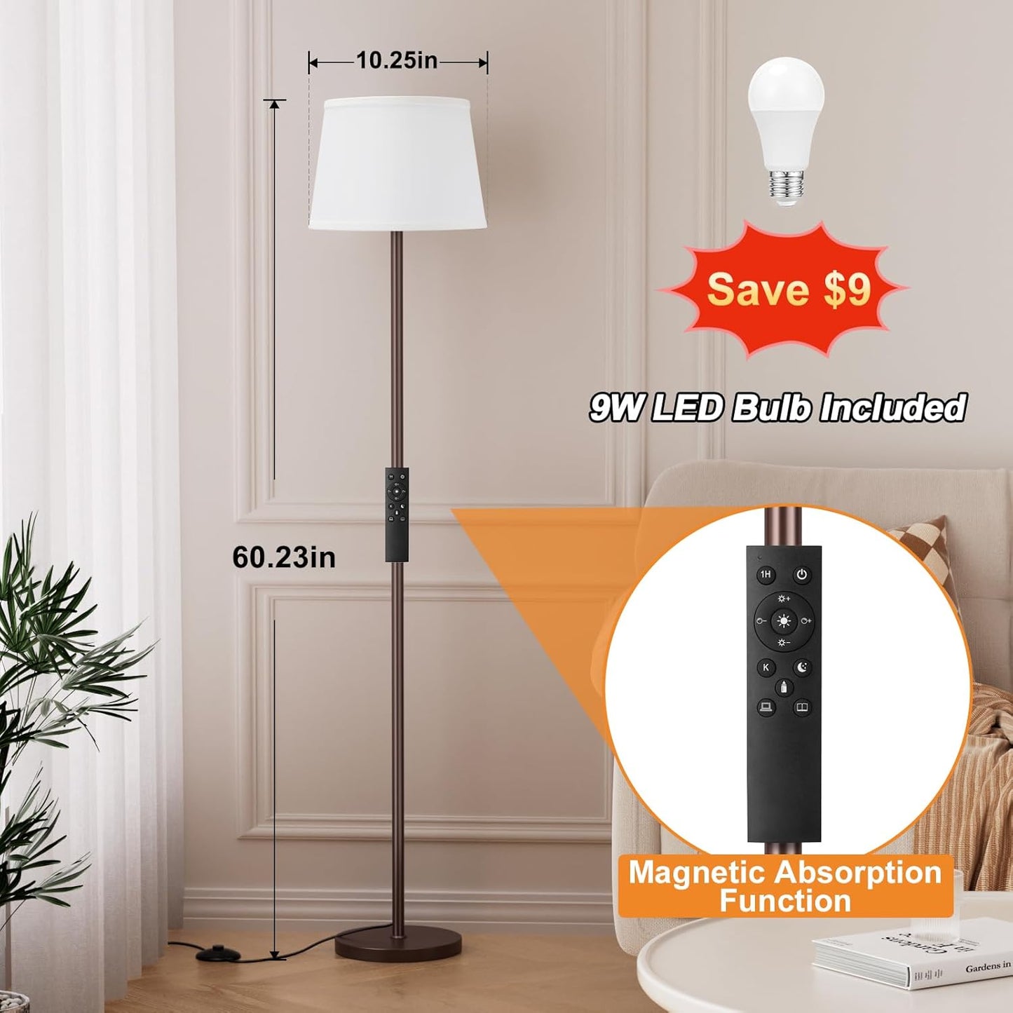 【Upgraded Floor Lamps for Living Room, Modern Floor Lamp with Remote Control, Dimmable Colors Temperature Standing Lamp Foot Switch, 9W Bulb Tall Lamps for Bedroom Office Kid Room - Brown