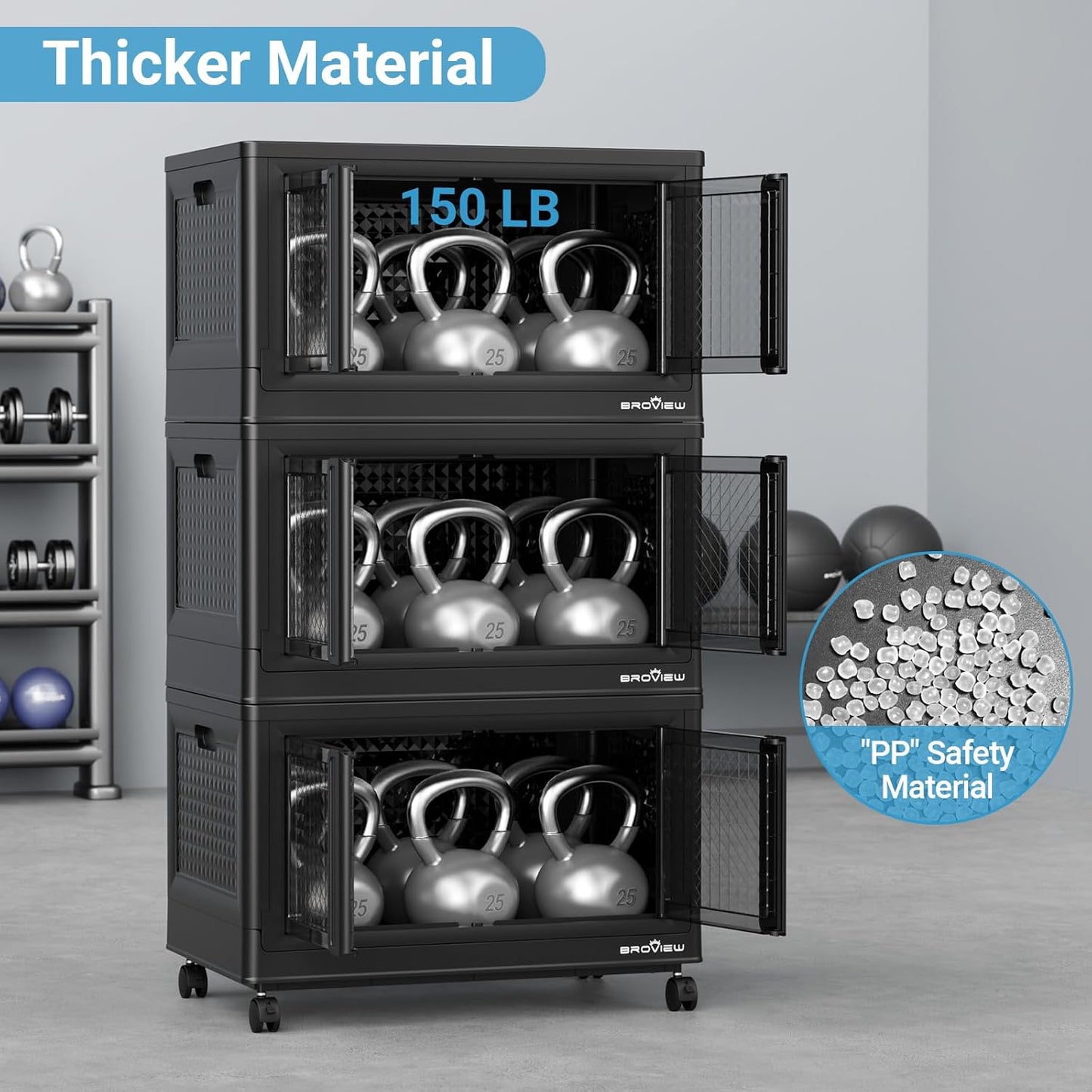 300Qt Stackable Storage Bins with Lids, 75Gal Closet Organizers and Storage Drawer, Plastic Collapsible Storage Bins with Doors, Heavy Duty Store Box Cabinet for Home Kitchen, 3Pack Black