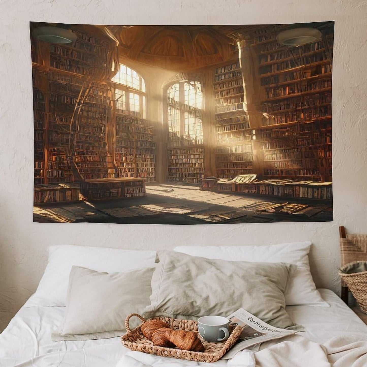 Kurtect Retro Bookshelf Tapestry,Medieval Mid Century Library Building Pattern Print Tapestries for Party Beach Picnic Blankets Tablecloths Living Room Wall Deocr, 40x60 in