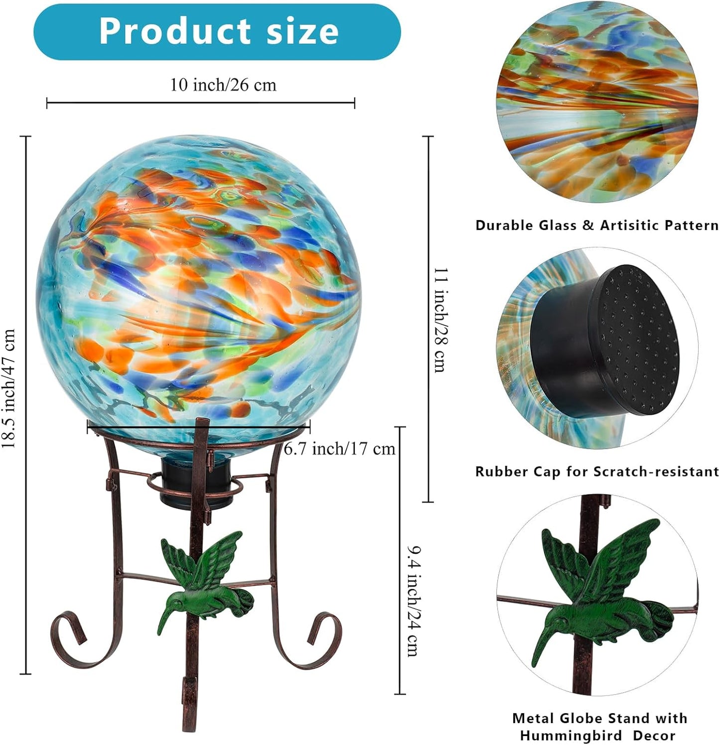 10 Inch Glass Gazing Ball, with 9.4" Tall Metal Gazing Globe Stand, Glass Balls Display Holder Set for Outdoor Garden Lawn Yard Decoration, Blue Artistic