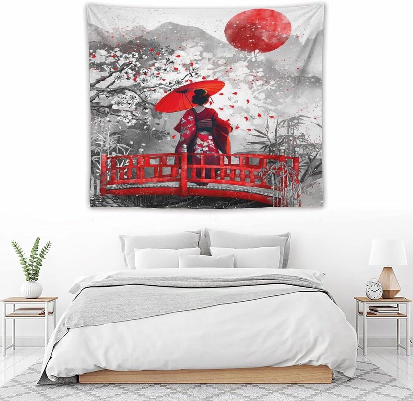 Japanese Red Geisha Tapestry Asian Cherry Blossom Red Sun Traditional Kimono Folk Tapestries Home Decor for Living Room Bedroom Apartment Farmhouse Dorm 60"x50"