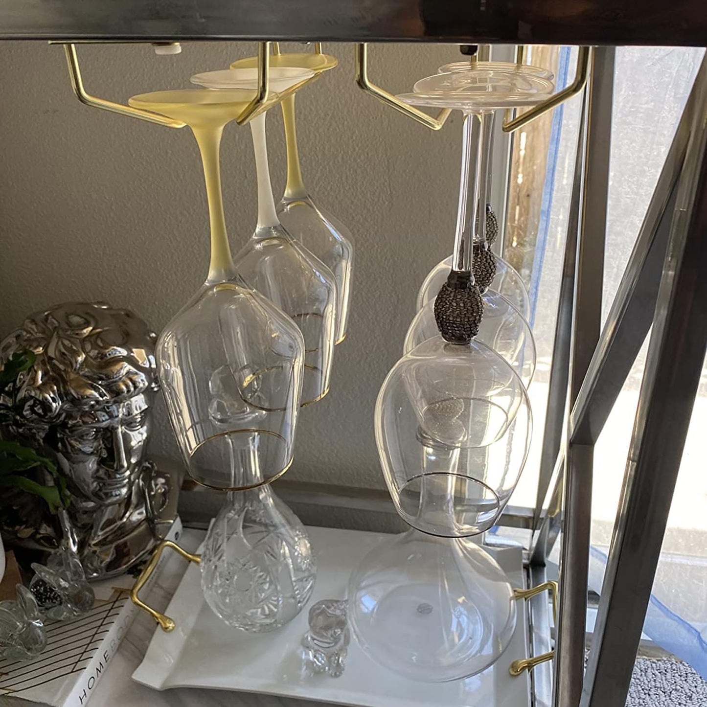 10.8 Inch Gold Wine Glass Rack, Under Cabinet Wine Glass Holder, Wine Glass Hangers Under Shelf, Stemware Rack, Hanging Stemware Holder for Cabinet Kitchen Bar, Set of 2