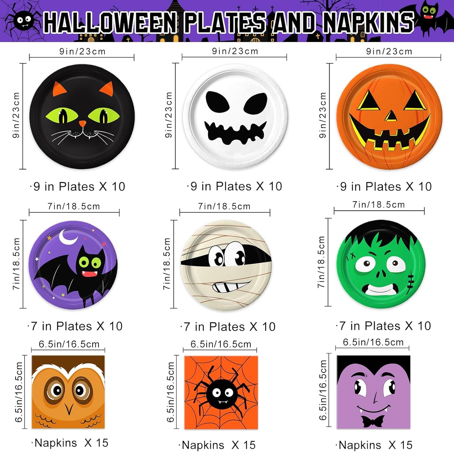 105PCS Halloween Paper Plates Ghosts Pumpkin Skull Spider Web Design for Halloween Party Decorations Supplies, Serves 30