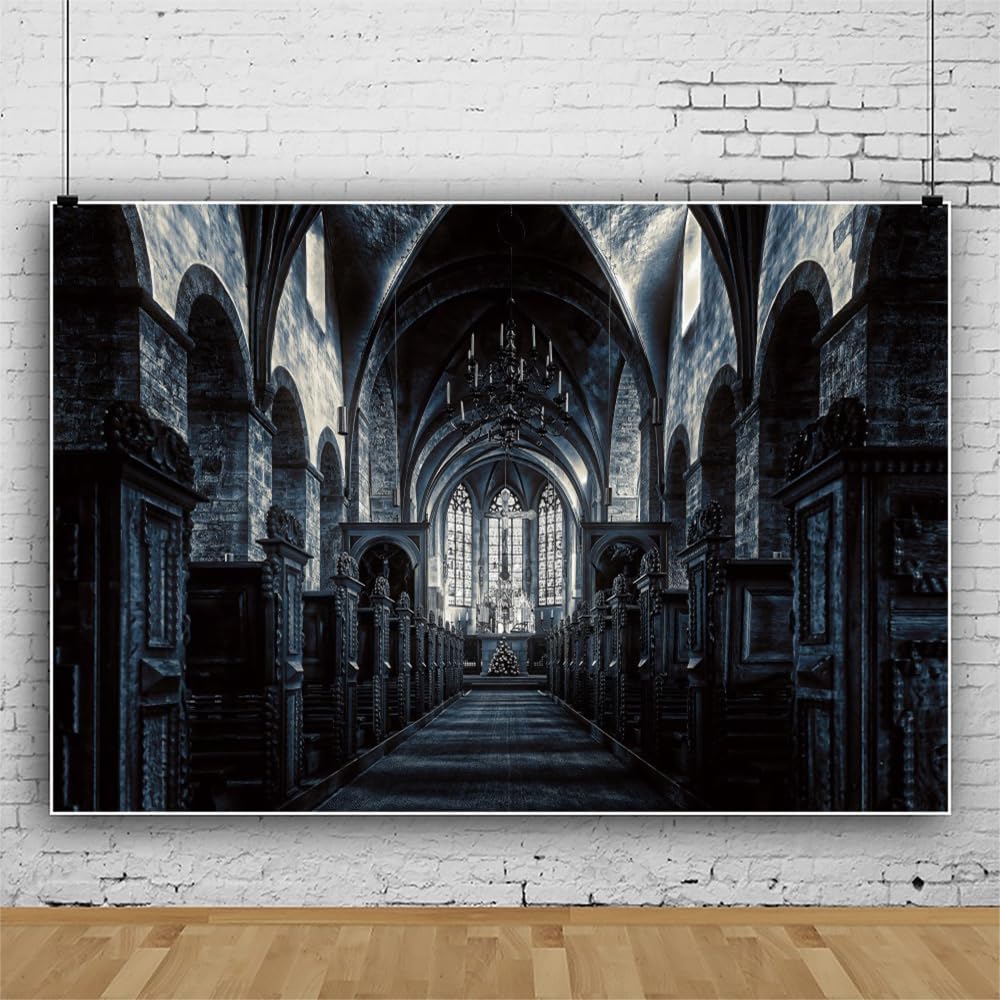 ChloropLastid 15x8ft Scary Church Halloween Backdrop Dark Black Horror Gothic Medieval Castle Interior Photography Background Halloween Night Carnival Theme Party Decor Banner Photo Studio Props