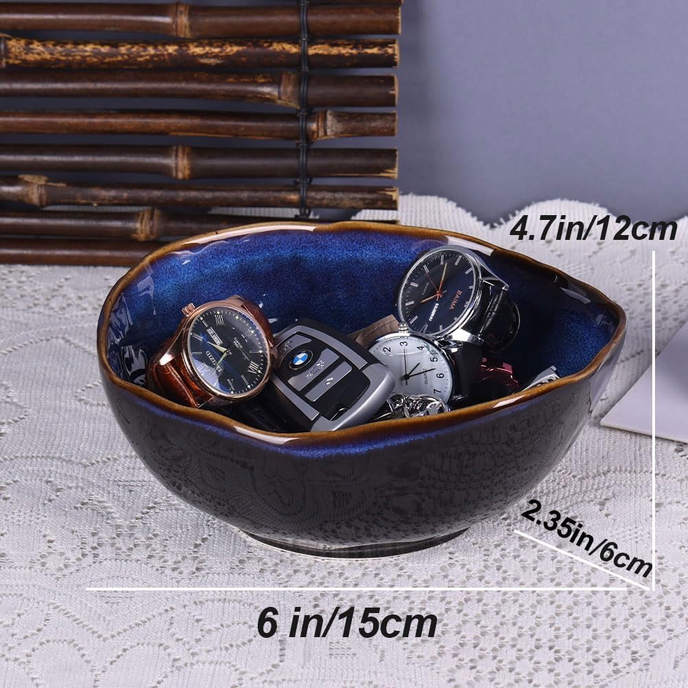 6" Blue Ceramic Decorative Bowl, Entryway Table Decor Pottery Key Bowl, Candy Dish, Salad Bowl, Blue Decor Small Jewelry Trinket Dish for Bedroom, Centerpiece, Bedside Table, Living Room Decor
