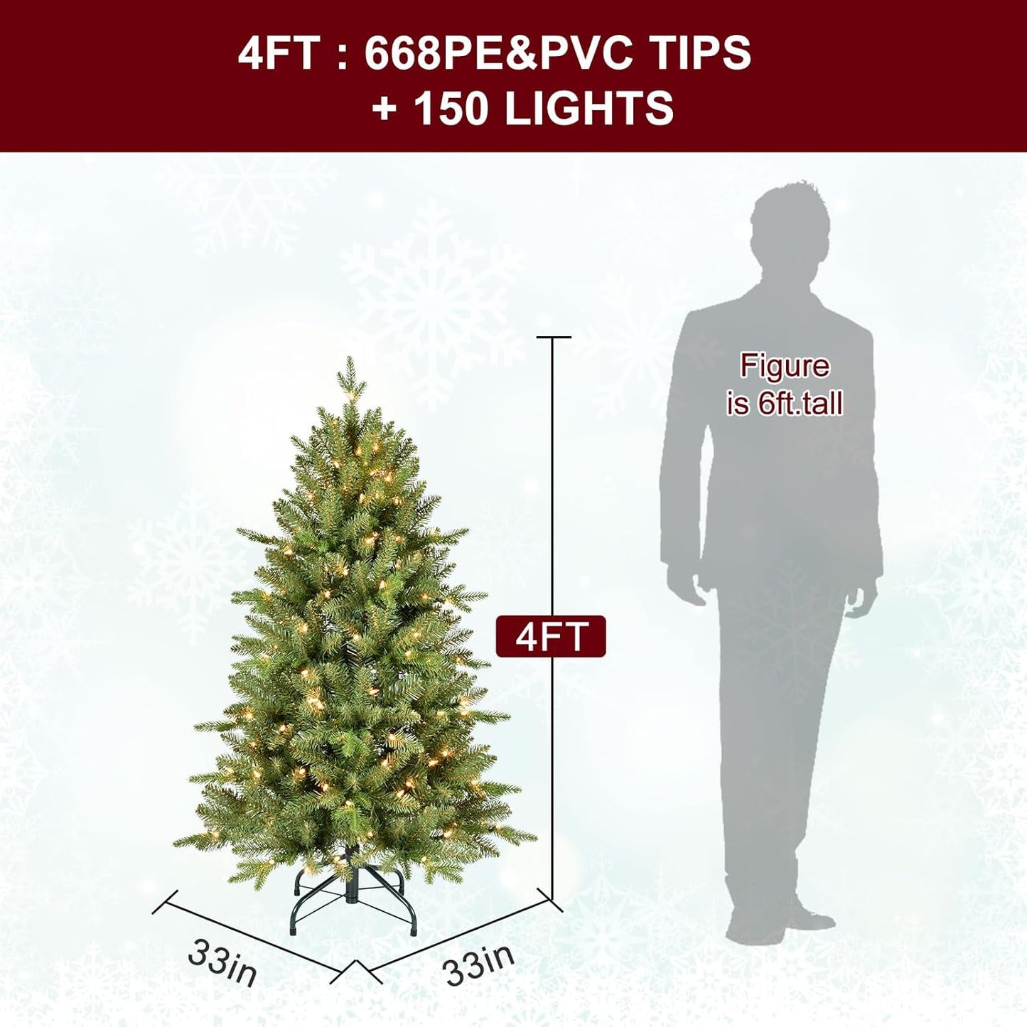 4FT Pre-Lit Artificial Christmas Tree with 628 PE&PVC Mixed Branch Tips, 200 Warm White Lights, Hinged Premium Spruce Fake Xmas Trees, Green, Foldable Base