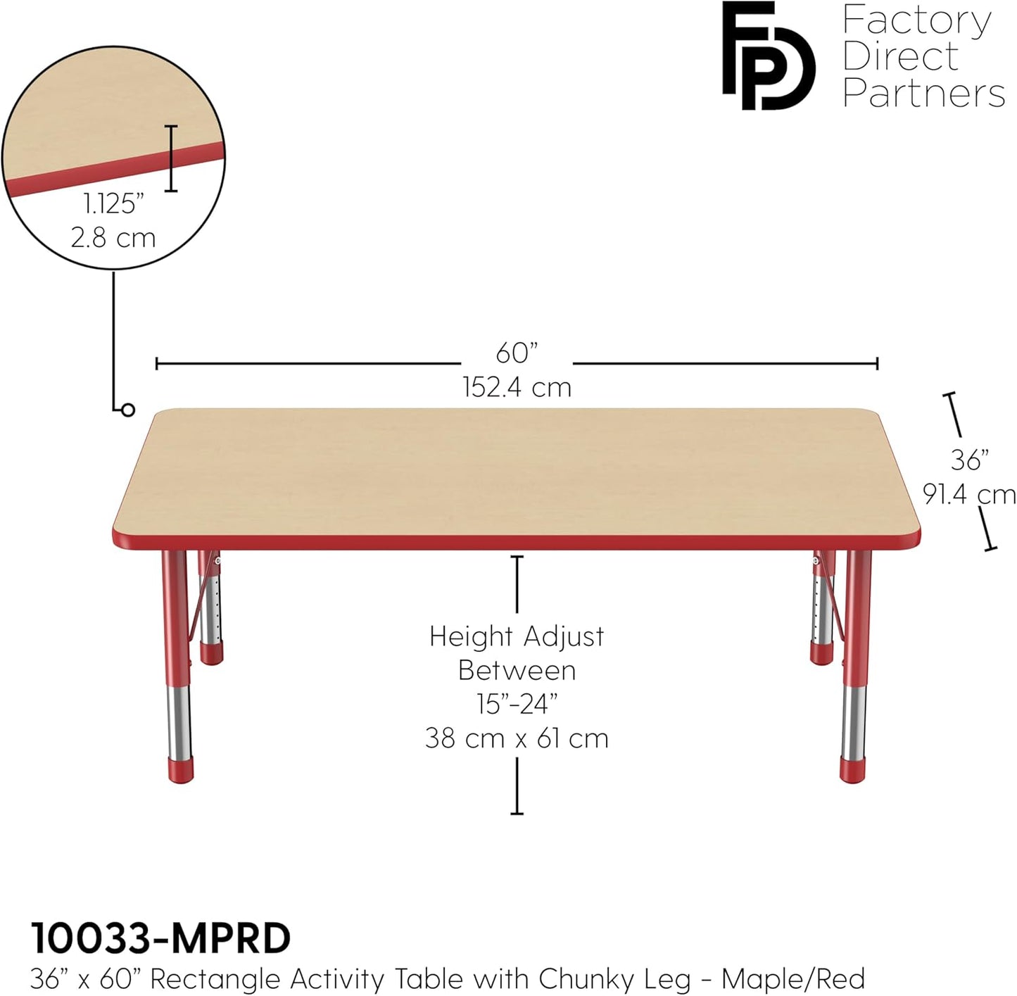 Factory Direct Partners FDP Rectangle Activity School and Classroom Kids Table (36 x 60 inch), Toddler Leg, Adjustable Height 15-24 inches - Maple Top and Red Edge