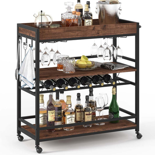 BON AUGURE Bar Cart for The Home, Rolling Home Bar Serving Cart on Wheels, 3 Tier Liquor Beverage Carts with Wine Rack and Glass Holder (Rustic Oak)