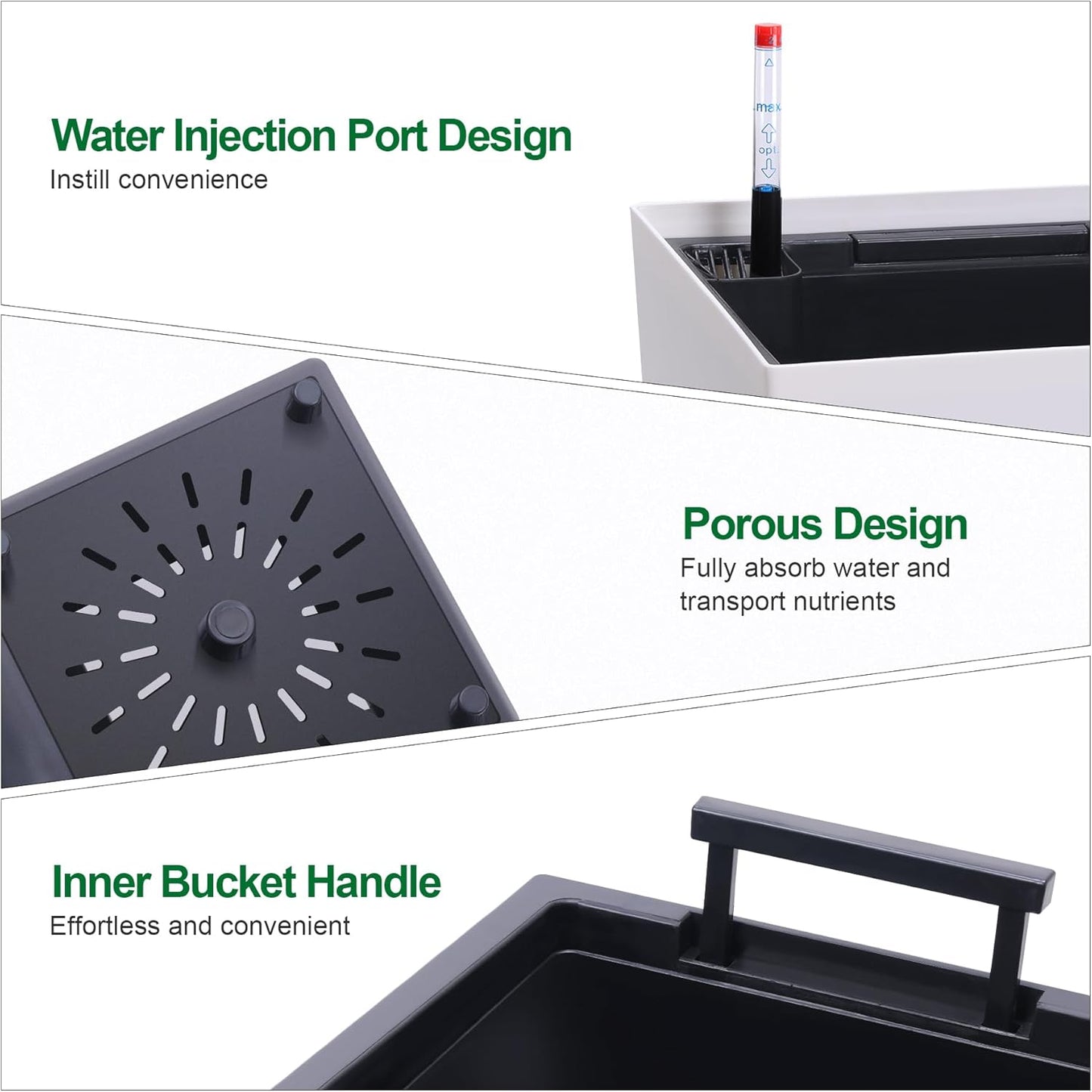 22.5" Tall Planters Set of 2, Outdoor＆Indoor Black Planter Pots, High Front Porch Planter Pots with Drainage Holes＆Water Level Monitor＆Inner Bucket, Automatic Watering, White