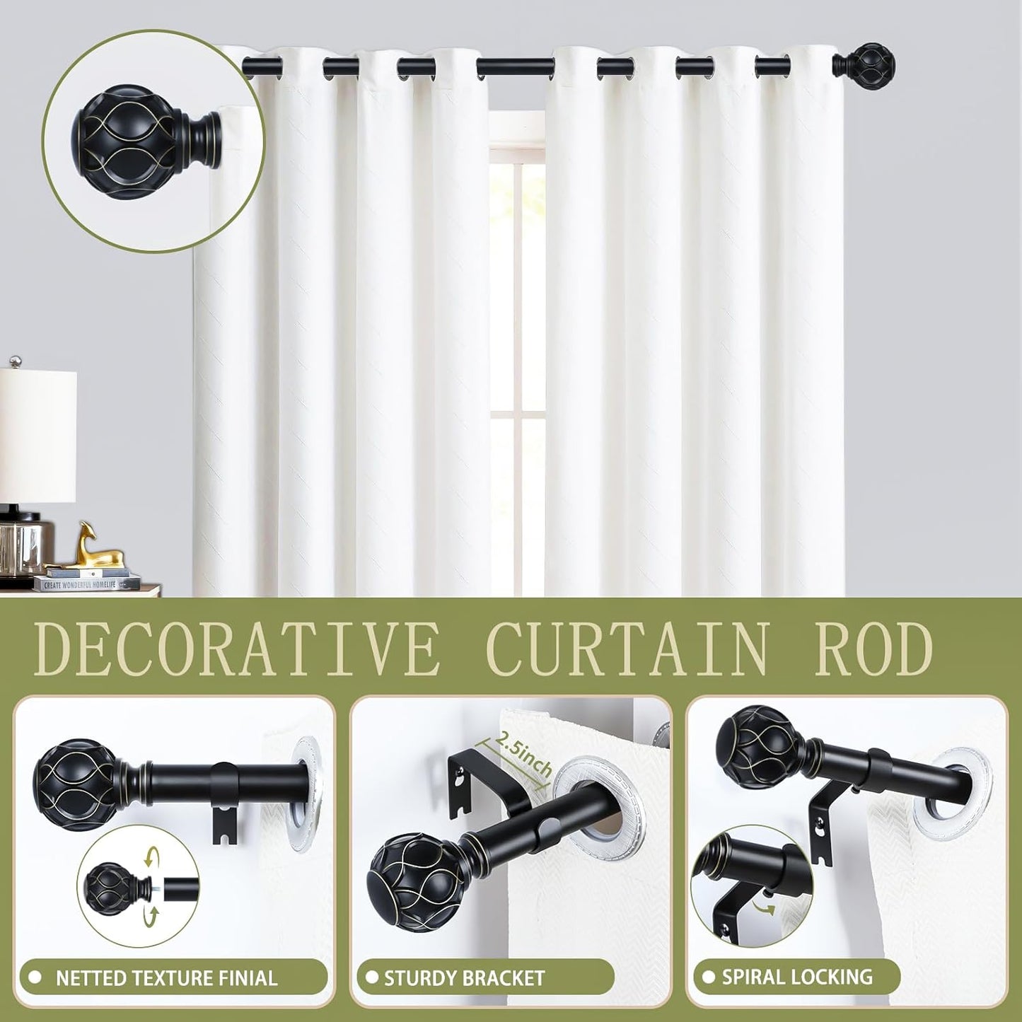 Black Adjustable Curtain Rods for Windows:18-45" Farmhouse Heavy Duty Curtain Rod for Bedroom Living Room,Boho Decorative Rustic Drapery Rods with Vintage Coastal Texture Finial,Matte Black