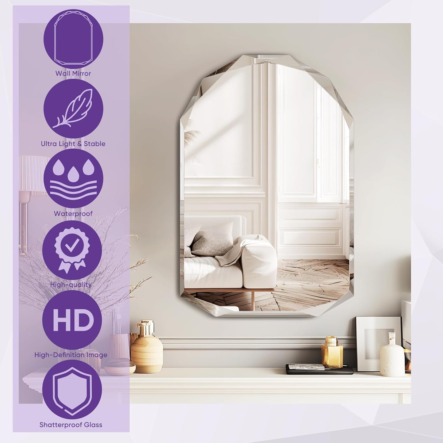 Bathroom Mirror for Wall, 30" x 48" Arched Mirror, Bathroom Vanity Mirror, Beveled Edge Frameless Wall Mount Vanity Mirrors, Wall Mirrors Decorative, Irregular Beveled Edge Mirror