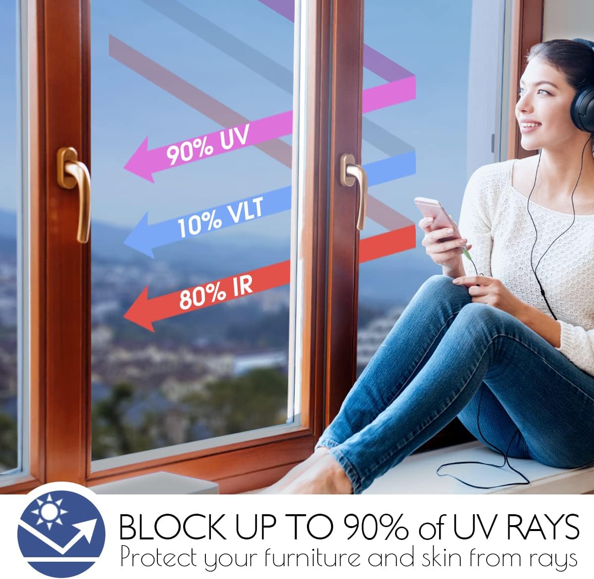 HIDBEA One Way Window Film Daytime Privacy, Heat Control UV Blocking Reflective Mirror Window Tint for Home, Non-Adhesive Self Static Cling Window Stickers (Blue-Silver, 35.4 Inch x 8.2 Feet)