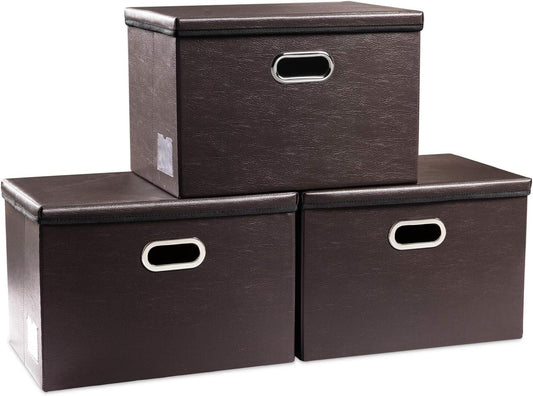 PRANDOM Collapsible Storage Bins with Lids [3-Pack] Leather Fabric Foldable Storage Boxes Organizer Containers Baskets Cube with Cover for Bedroom Closet Office Nursery Brown (14.9x10.8x10)