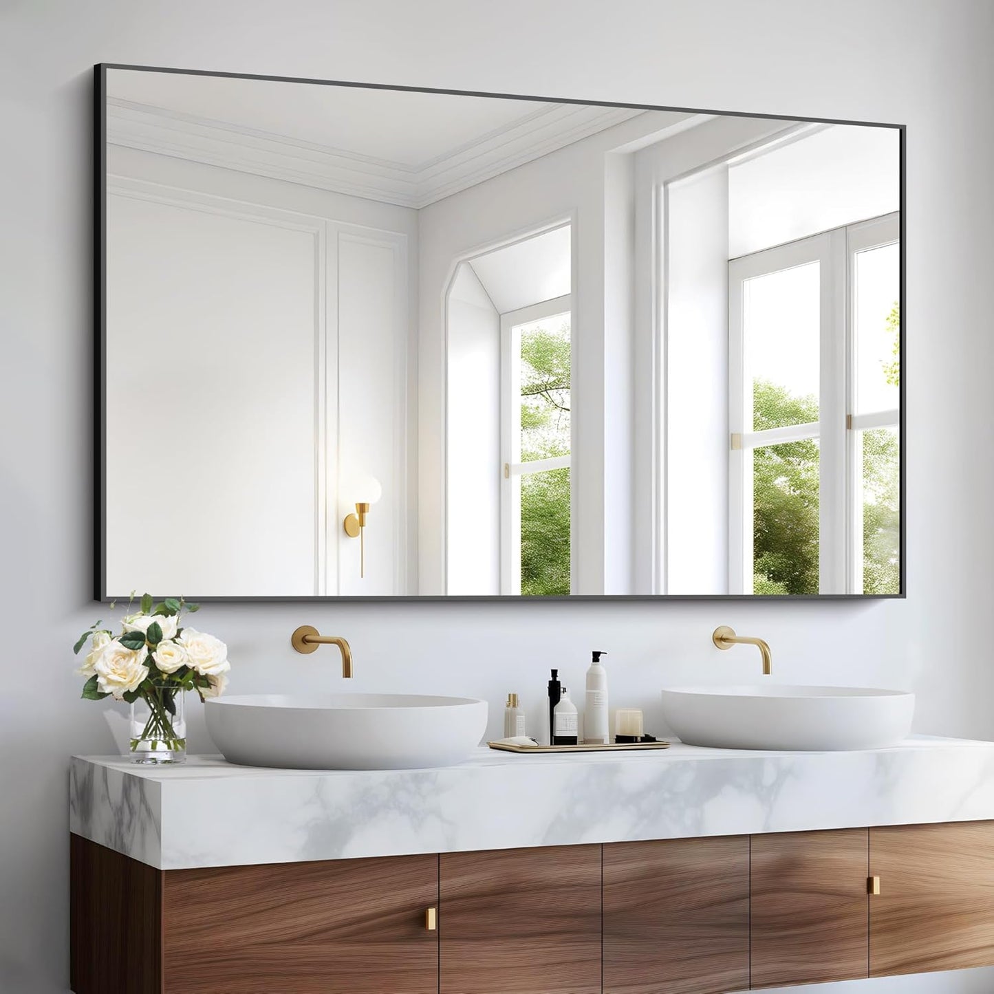 Bathroom Black Mirror, 36x55in Black Rectangle Mirror with Thin Metal Frame, Large Rectangular Wall Mirror for Bathroom, Living Room, Hair Salon, Big Farmhouse Mirror Hang Horizontal/Vertical