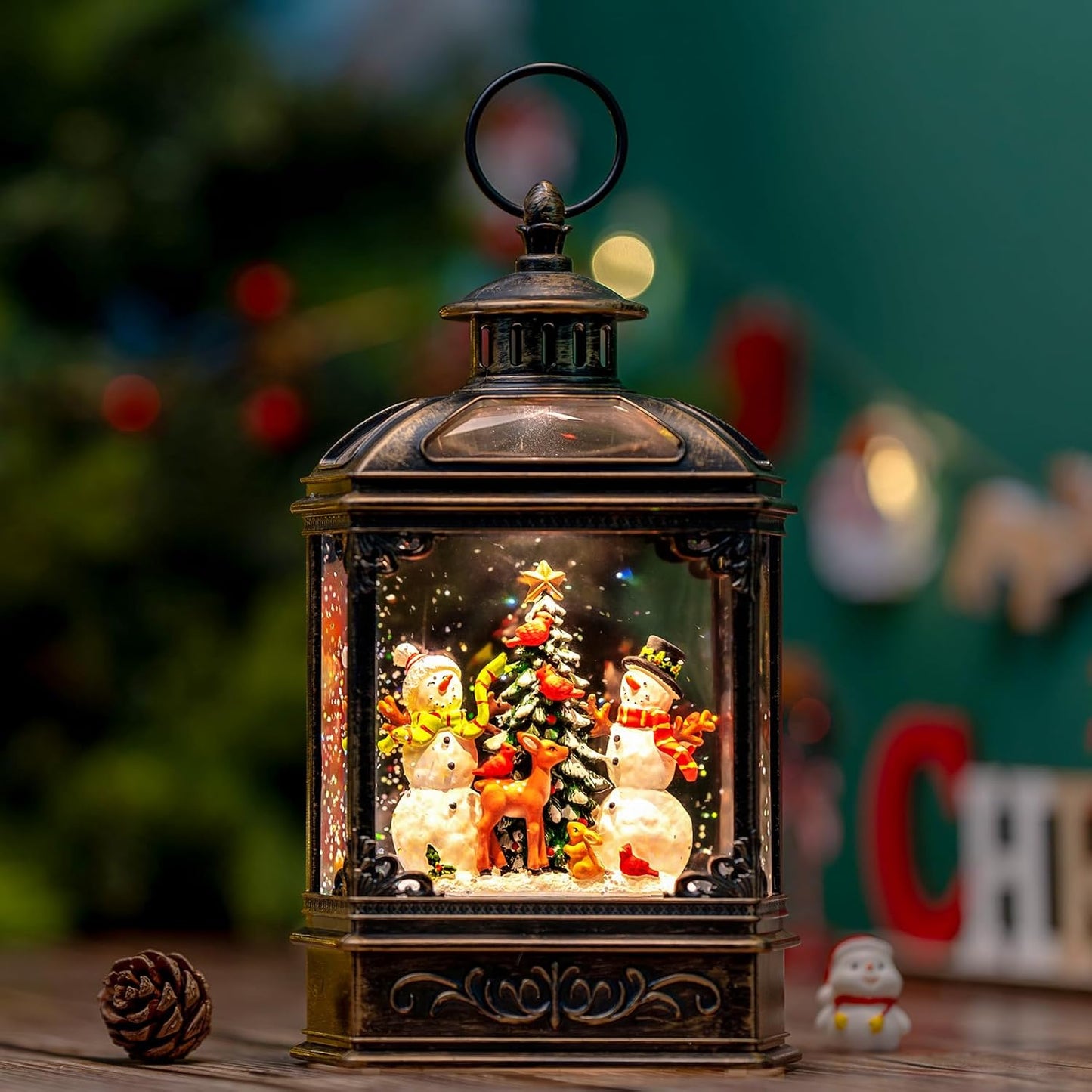 Christmas Snow Globes Lantern Christmas Snow Globe with Music Snowman and Christmas Tree,6H Timer,USB Lined/Battery Operated Lighted Lantern for Christmas Festival Decoration Gifts
