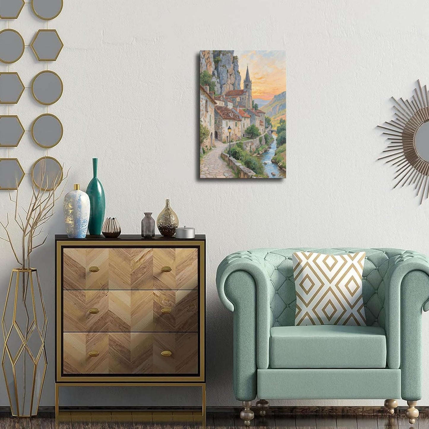 Small town scenery poster on the bank of the mountain stream is suitable for living room bedroom and office natural oil painting poster