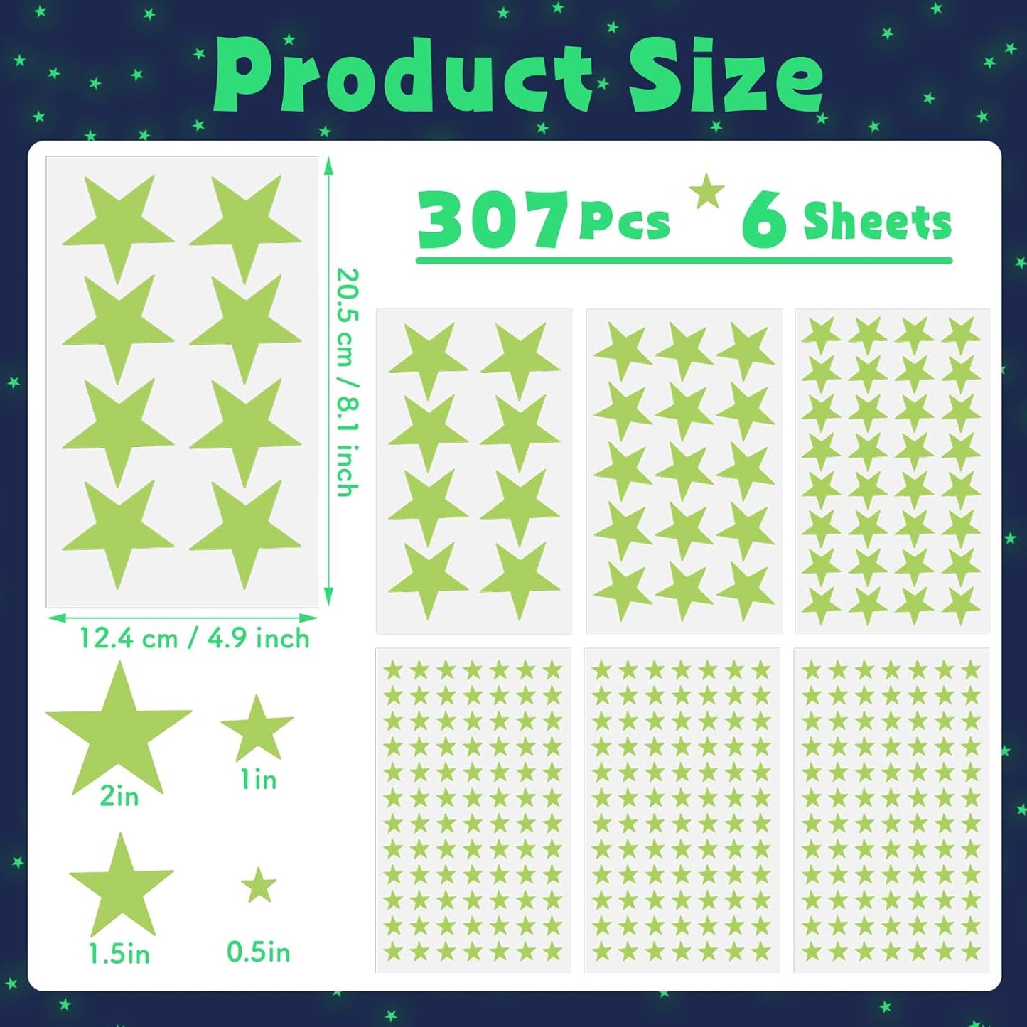 Glow in The Dark Stars Wall Stickers - 6 Sheets 307 Pcs Glowing Wall Decals Ceiling Stickers, Stick on Stars Glow in The Dark for Baby Kids Bedroom Wall Decor