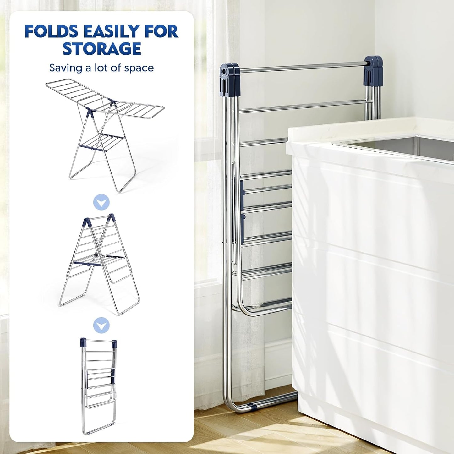 APEXCHASER Clothes Drying Rack, Drying Rack Clothing with Height-Adjustable, Foldable Gullwings Laundry Drying Rack, Indoor Outdoor Use, No Assembly