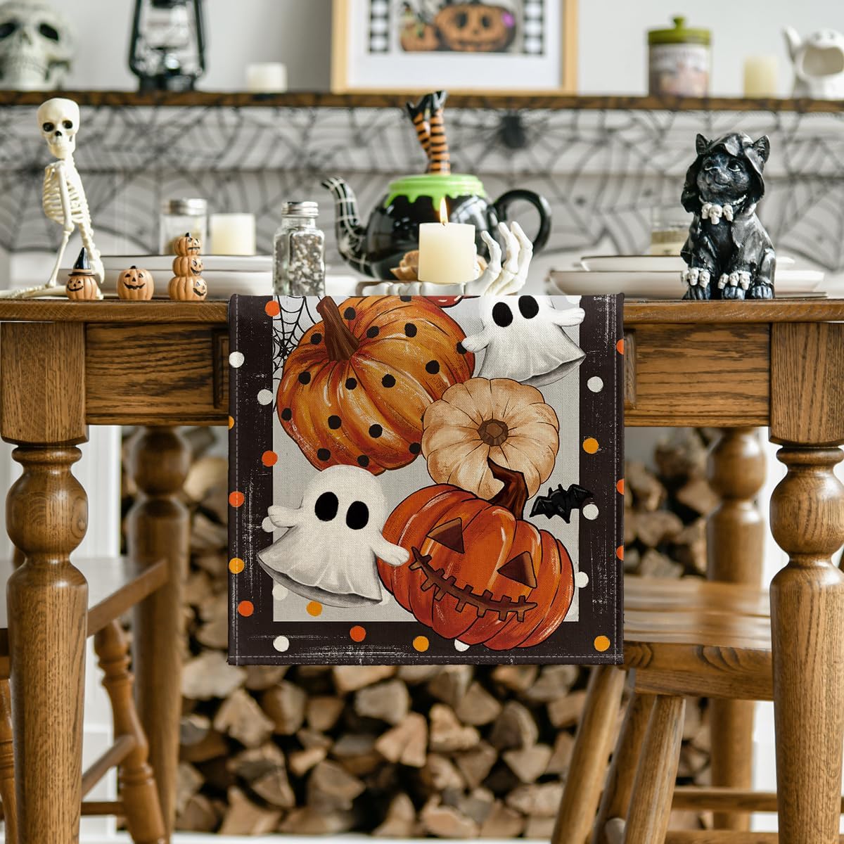 Artoid Mode Jack-O'-Lantern Pumpkin Ghost Spider Web Halloween Table Runner,Holiday Kitchen Dining Table Decoration for Home Party Decor 13 x 90 Inch